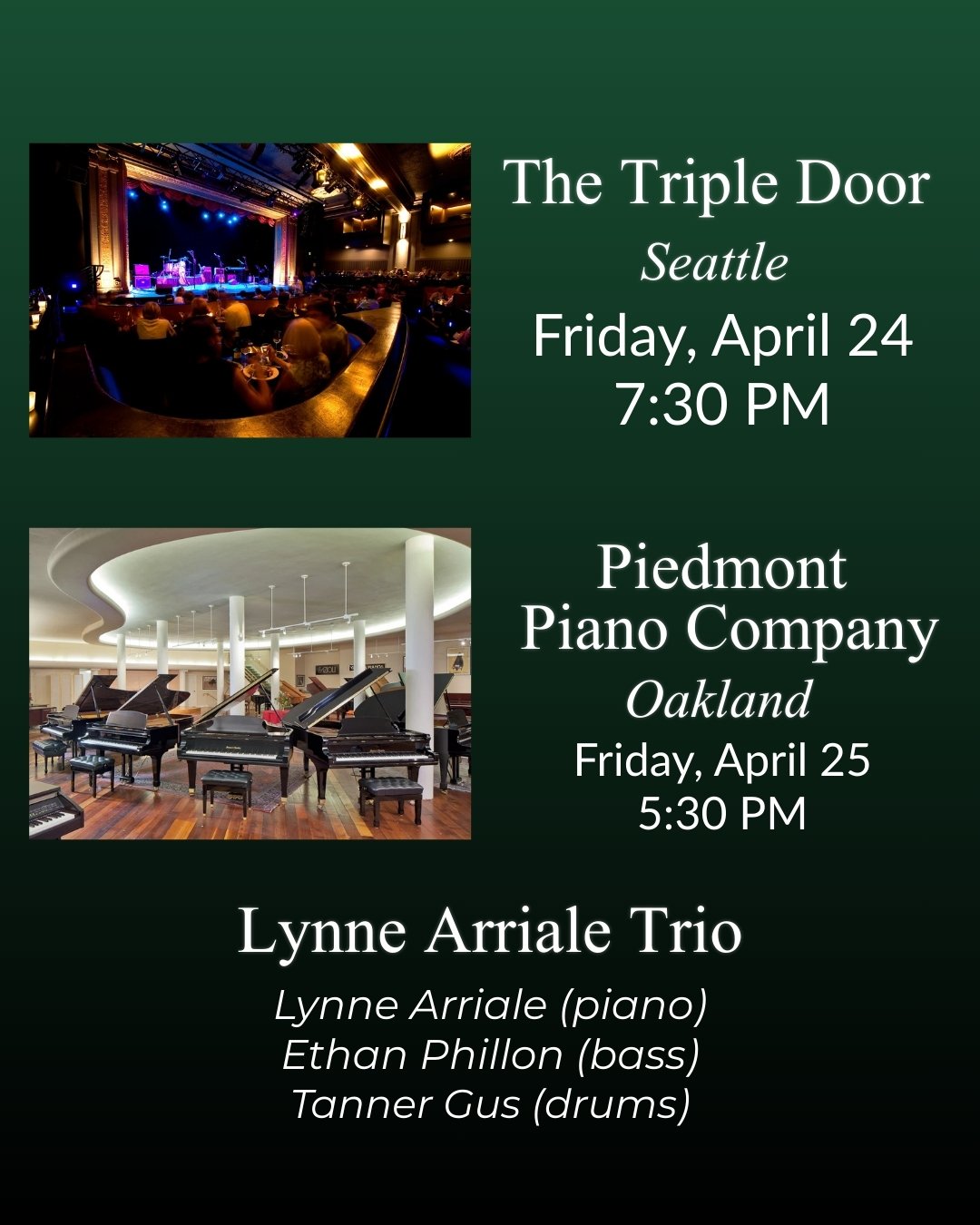 I&rsquo;m looking forward to performing at two beautiful venues, the Triple Door in Seattle and Piedmont Piano Company in Oakland with Ethan Phillon (bass) and Tanner Gus (drums)!

If you'd like to be notified about news and my upcoming performances,