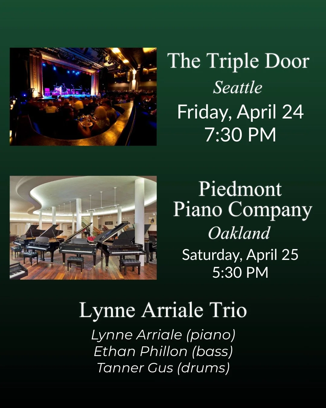I&rsquo;m looking forward to performing at two beautiful venues, the Triple Door in Seattle and Piedmont Piano Company in Oakland with Ethan Phillon (bass) and Tanner Gus (drums)!

If you'd like to be notified about news and my upcoming performances,