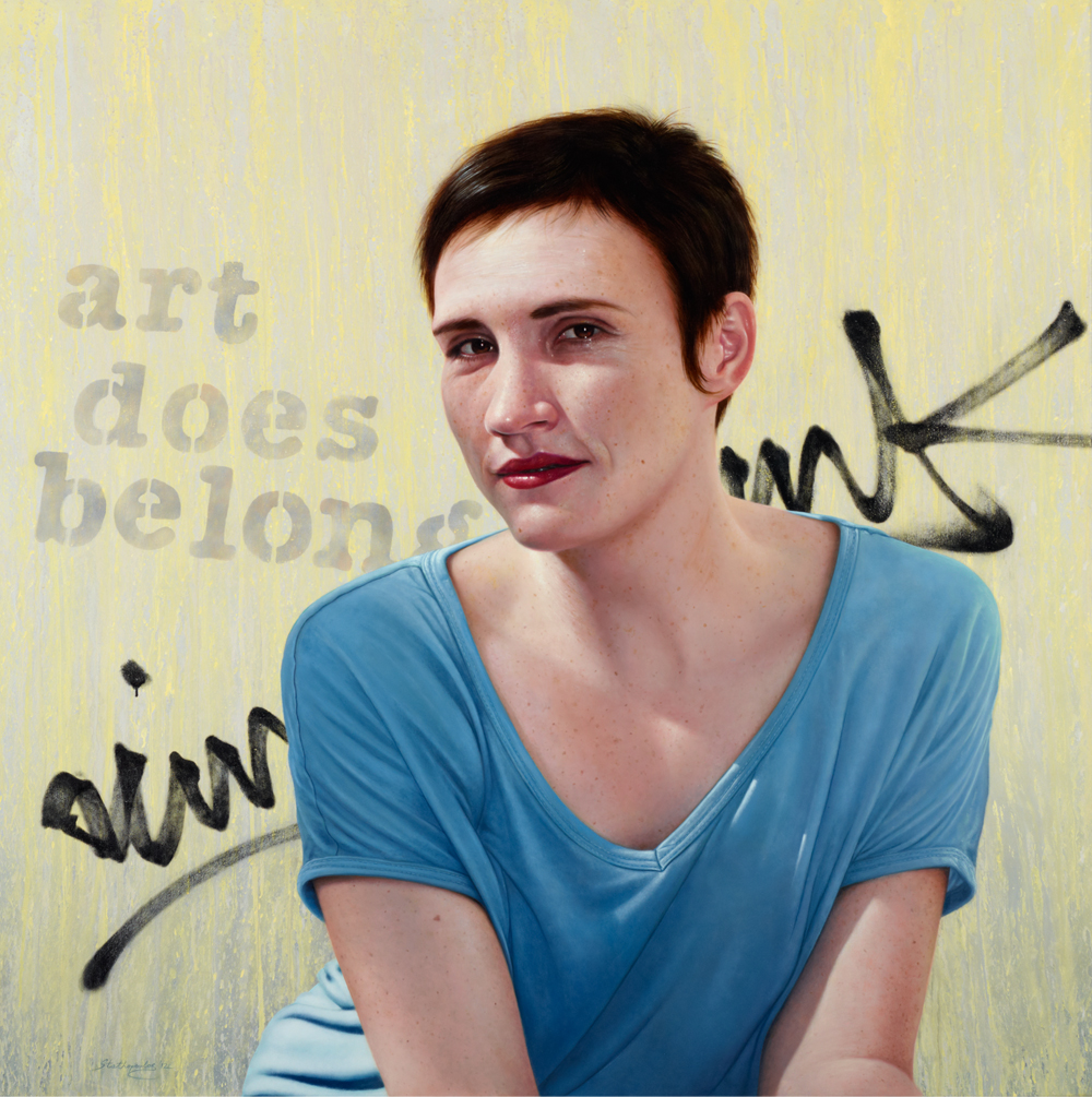 Nick Stathopoulos Title: Art does belong. Portrait of Fenella Kernebone Medium: acrylic and oil glaze on canvas Dimensions: 138 x 138cm Finalist in Archibald prize, 2012.