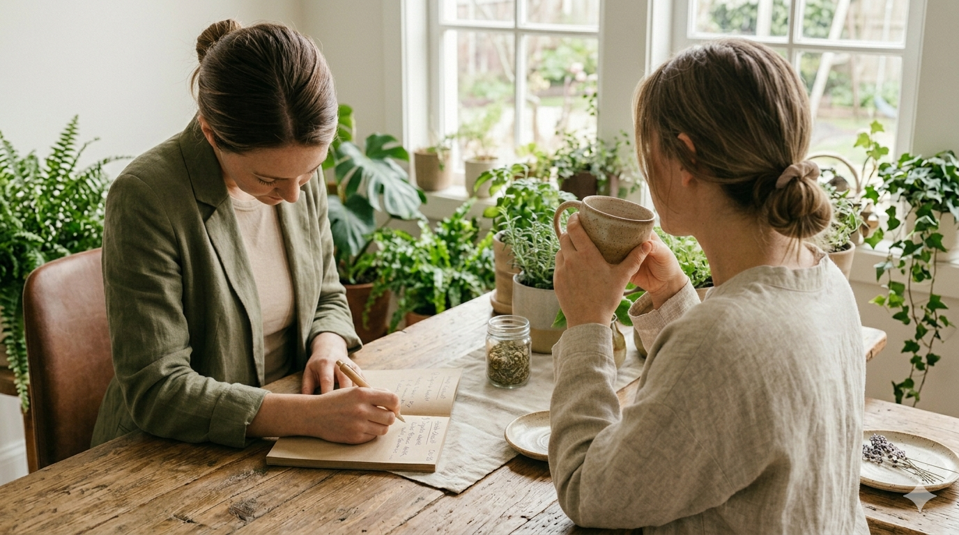 Two women sitting at a wooden table in a bright room with large windows, surrounded by plants. One woman is writing in a notebook, while the other is drinking from a mug.