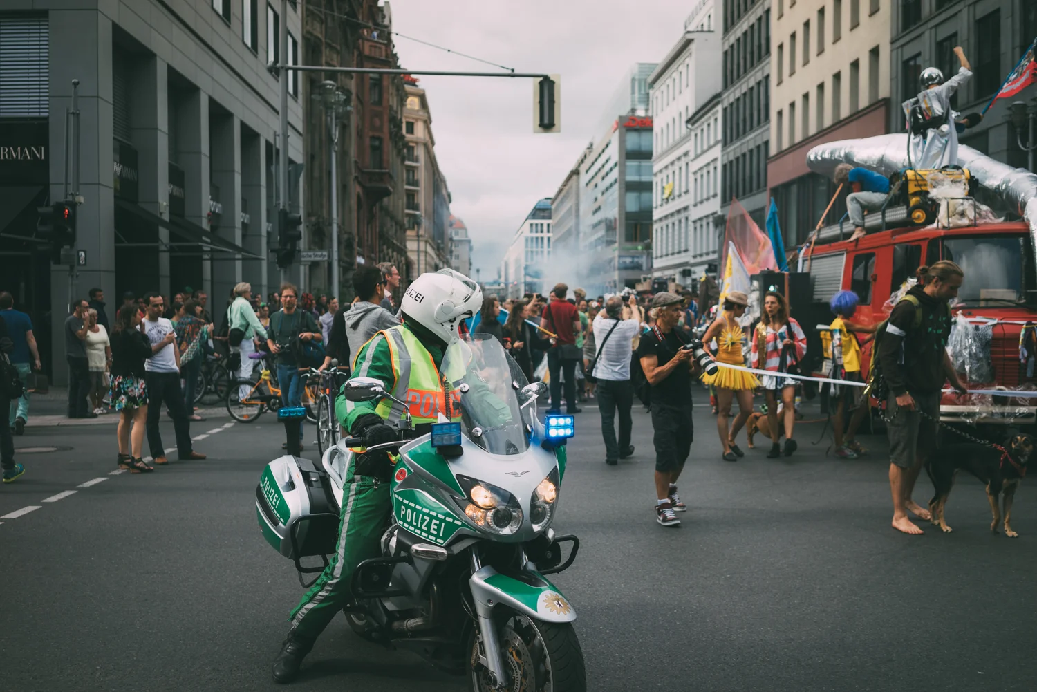 Police escorted the rally as it went up Freidrichstrafze