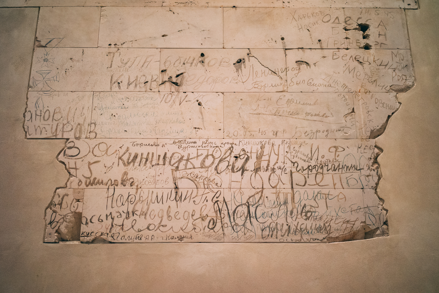 Soviet soldiers charcoal writing in the 1945 structure now preserved forever.