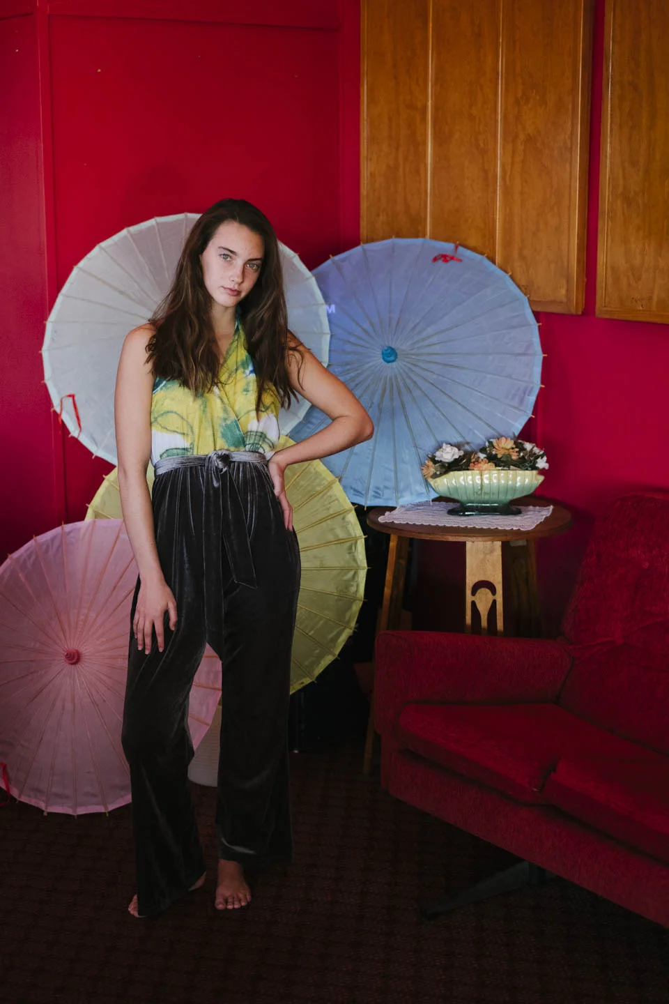 Halterneck Velvet Pant - Surrounded by Olive Leaves