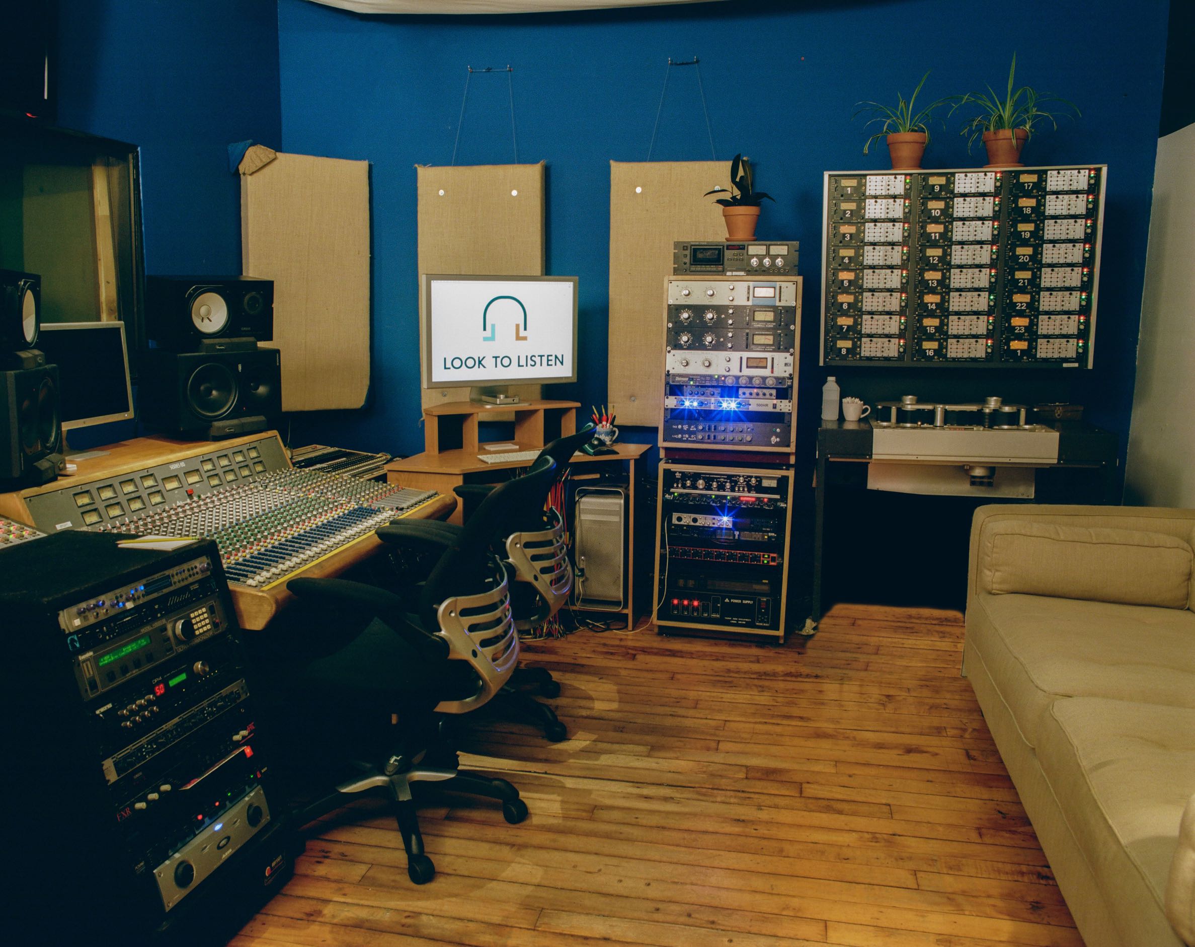 Control Room of Look to Listen Studios with Trident console and rack gear and Studer tape machine