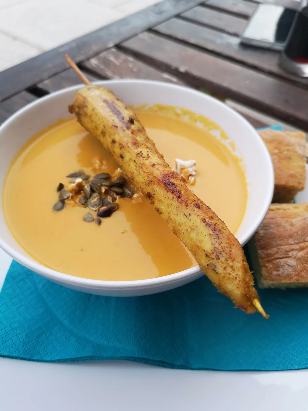 Pumpkin Soup, chicken skewer