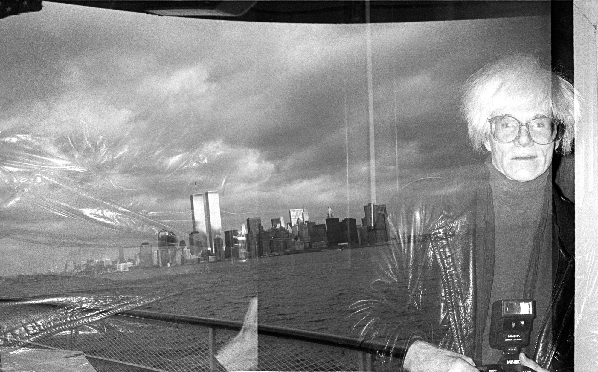 Andy Warhol on an East River boat cruise. Accidental double exposure. (1986)