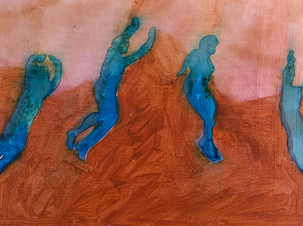 Flying Figures III 2015, ink on board, 20 x 34 cm