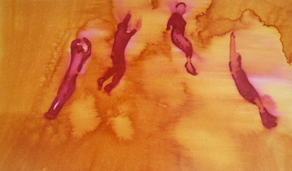 Flying Figures V, ink on board, 28 x 41 cm