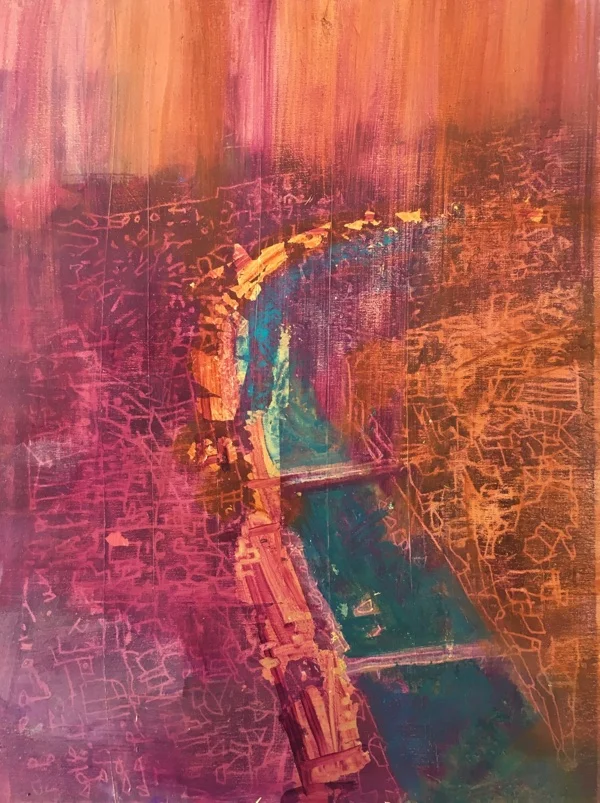 at a bend in the river 1 2017 , oil and gold leaf on panel, 30 x 23cm
