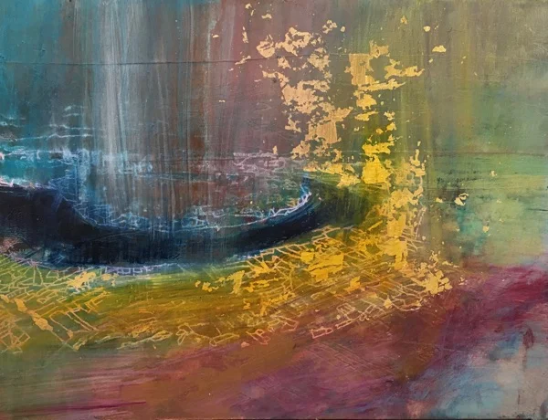 at a bend in the river, oil and gold leaf on panel, 22.5 x 30cm