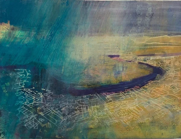 from high above the city , oil and gold leaf on panel, 22.5 x 30cm