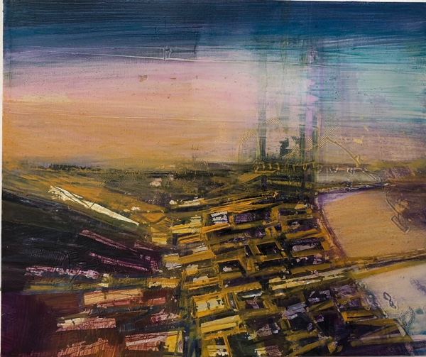 the fair faint towers of London , oil and gold leaf on panel, 25.5 x 30.5cm
