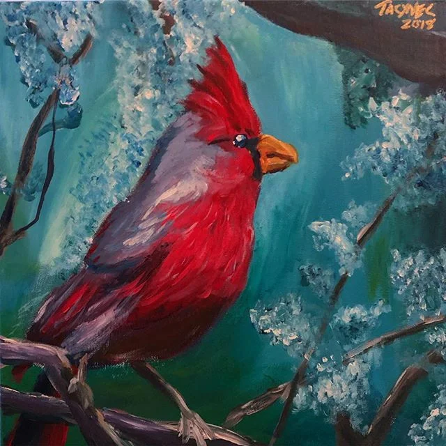 Brought out the paintbrushes again for a Christmas gift for my Mom. Behold, a cardinal! #painting #acrylic #cardinal #bird