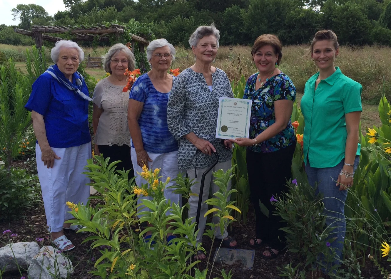 Bluebonnet Garden Club of Brenham was the overall winner of National Garden Club, Inc. Butterfly Project Award. This Certificate of Merit in honor of Dean Day Sanders includes $500 awarded to the club conducting the most comprehensive and effective project on butterflies for habitat protection, protection of migratory routes and public education. The club was commended for working with youth and adults in establishing and maintaining a Butterfly Garden at Brenham Elementary School. Some of the comments accompanying the award are that it is part of an outdoor classroom/nature trail available to all students and a welcoming place for butterflies. The fact that plants, labels, and information stating “host plant’ or “nectar plant” which are helpful to all learners was another positive remark. Members of the club maintain the garden with help from all the Brenham Elementary School fourth graders each year. These students are organized as a youth garden club, Brenham Elementary Gardeners. The sponsoring club attempts to help students understand the life cycle of butterflies, create an appreciation of nature and our impact on the environment, and instill a lifelong love of gardening. The junior garden club learns about butterflies and gardening .through observation and hands-on gardening. In addition, members of Bluebonnet Garden Club work with other groups as part of the Outdoor Learning Center on community days and days when students from other schools are brought to the school for an outdoor day. Members of Bluebonnet Garden Club Youth Gardening Committee are pictured in the Butterfly Garden presenting a copy of the award to Bonnie Brinkmeyer, Director of Instruction and Accountability for Brenham I.S.D. and Natalie James, Outdoor Learning Specialist. Straight from the National Garden Club site... What an outstanding award and recognition! Great job, ladies!! "#43 BUTTERFLY - In honor of Deen Day Sanders - $500 donated by Alice and LeRoy Overton OVERALL WINNER - Bluebonnet Garden Club, Brenham (Aii) TX This club works with Youth and adults to establish and maintain a Butterfly Garden at an Elementary School. It is an outdoor classroom/nature trail available to all students and a welcoming place for butterflies. Plants, labels, and info stating ‘host plant’ or ‘nectar plant’ are helpful to all learners."