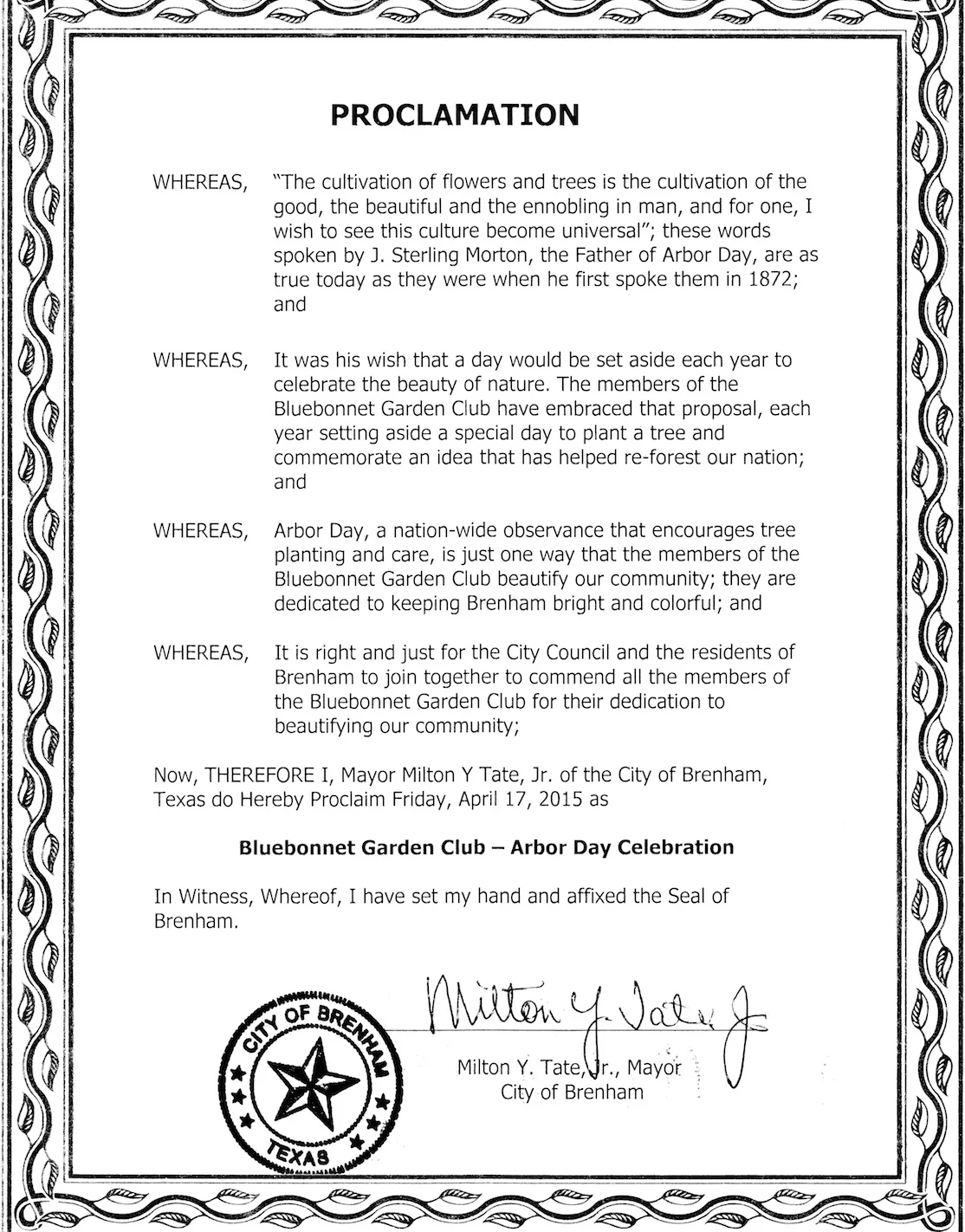 Thank you for the Proclamation, Mayor Tate!