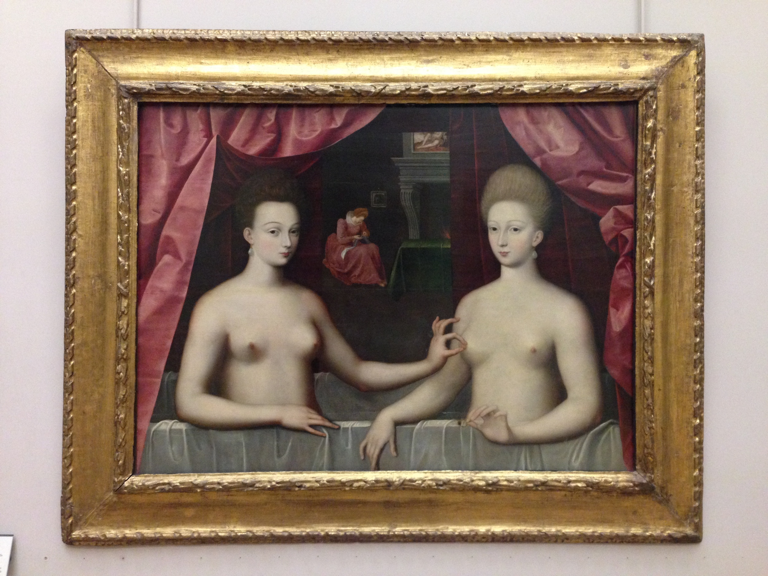 Gabrielle d'Estrées et une de ses soeurs, which hangs in the Louvre. &nbsp;Gabrielle pinches her sister's nipple, meaning her sister is pregnant. This is both funny and heartwarming at once, and I would never have seen it if I had not traveled.
