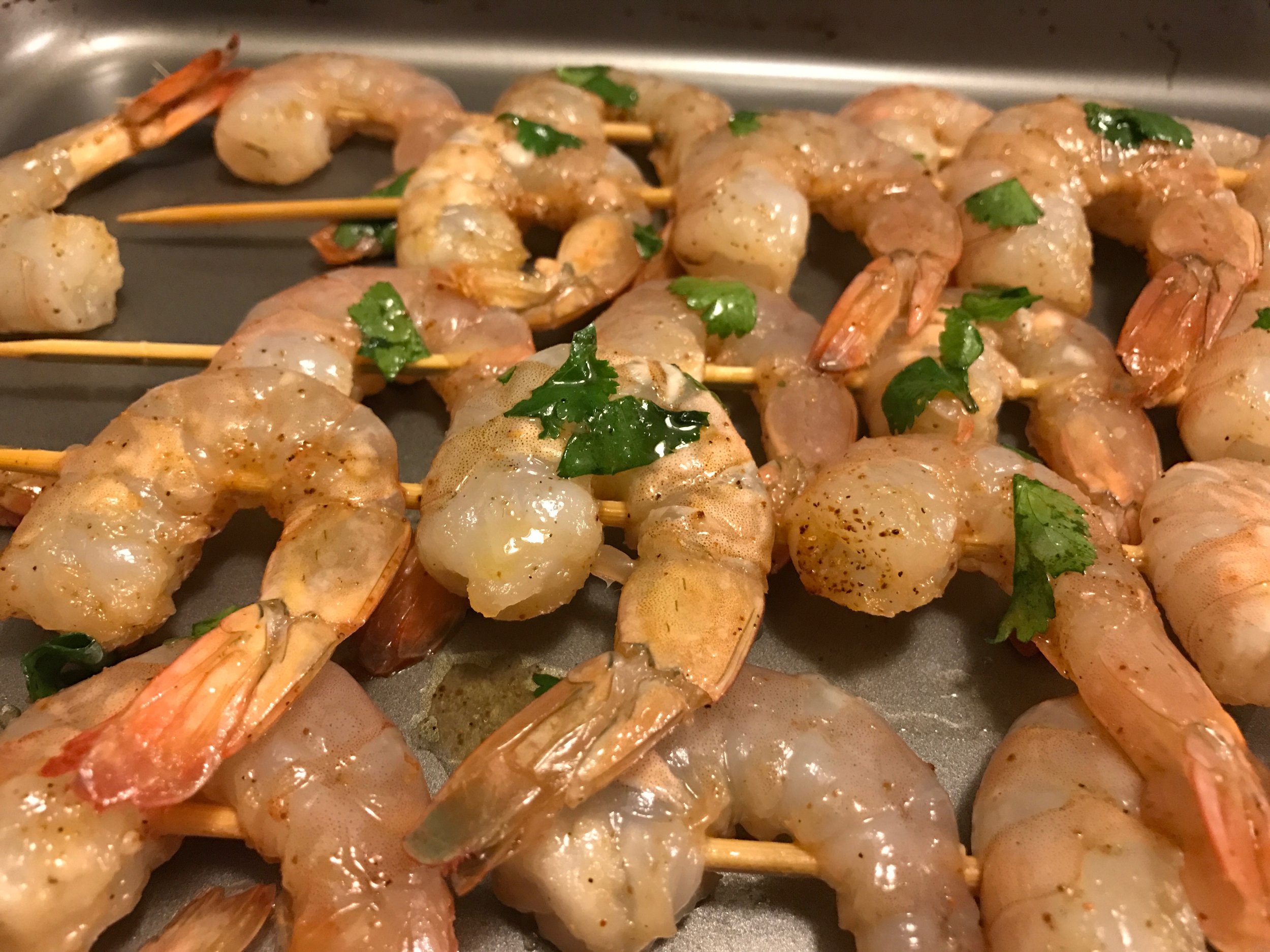 Shrimp prepped to grill