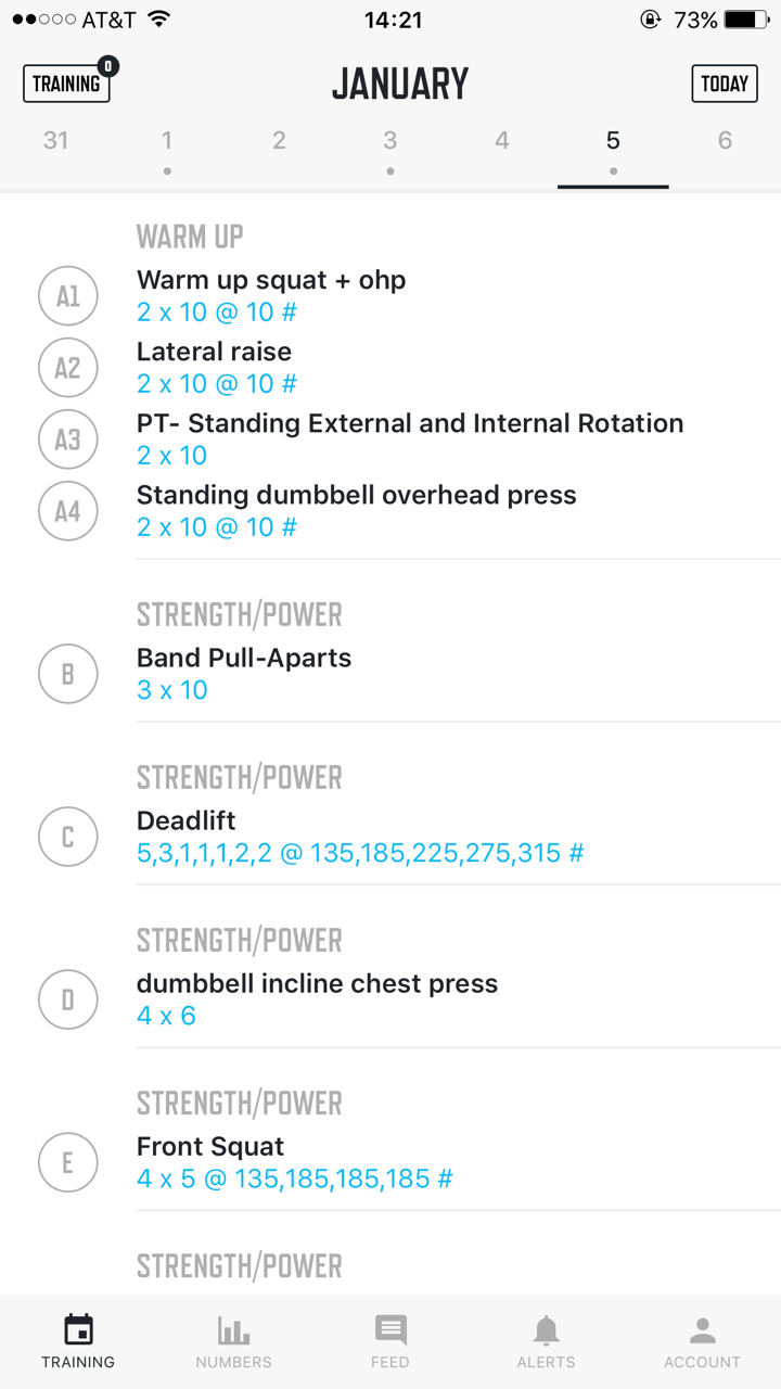 An overview of my client's deadlift day. The app includes videos of how to do the exercises, notes from previous workouts, etc.