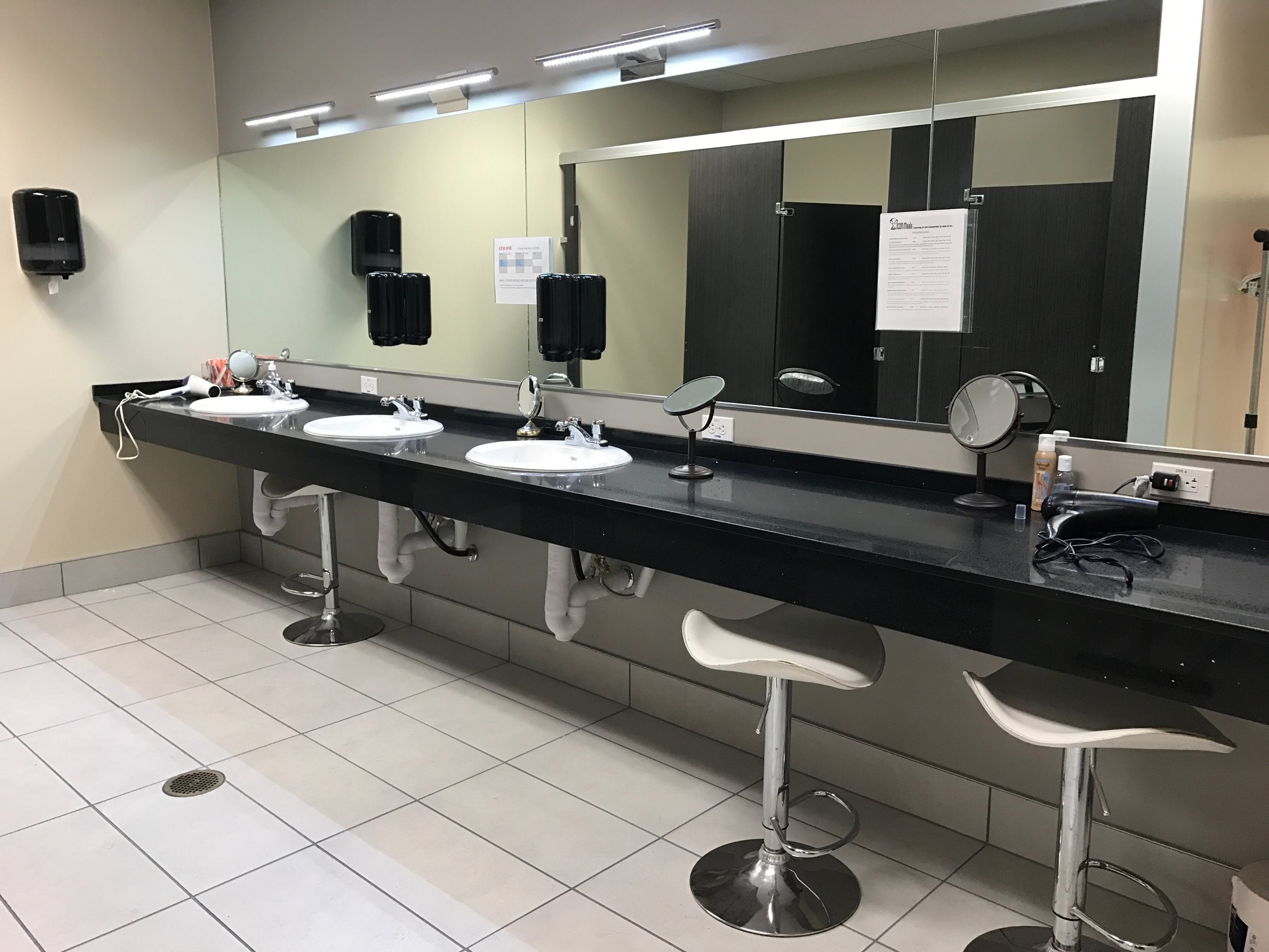 Makeup stations? Yes please. Spotted in the women's locker room at Gym One.