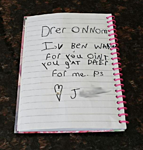 "Dear Om-Nom, I've been waiting for you, once you get delivered for me. p.s. love, J---" Niece the Elder got sent regular photo update reports so I could be sure she was getting what she wanted!