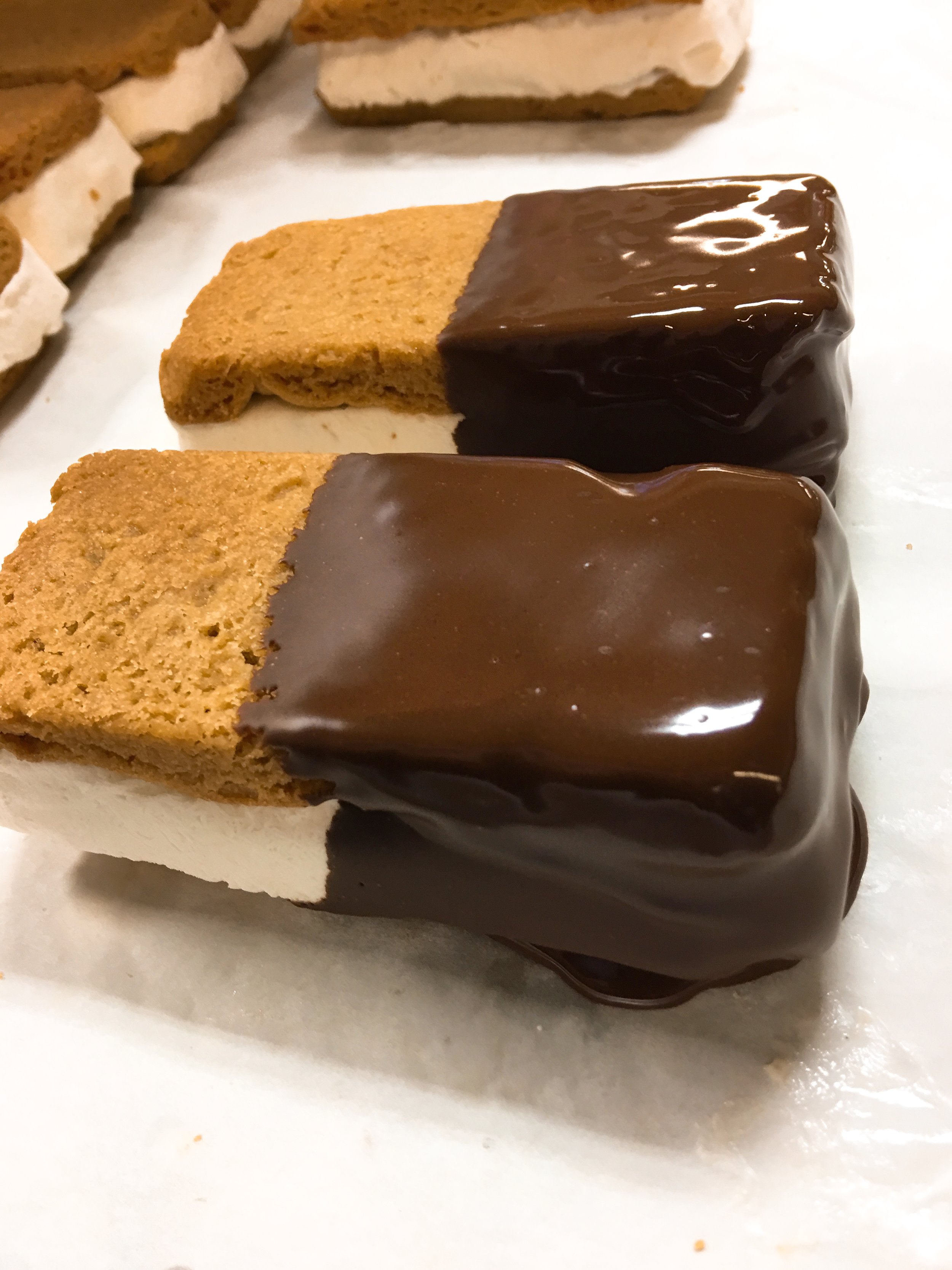 The Fat Elvis is banana ice cream on peanut butter cookies dipped in chocolate.