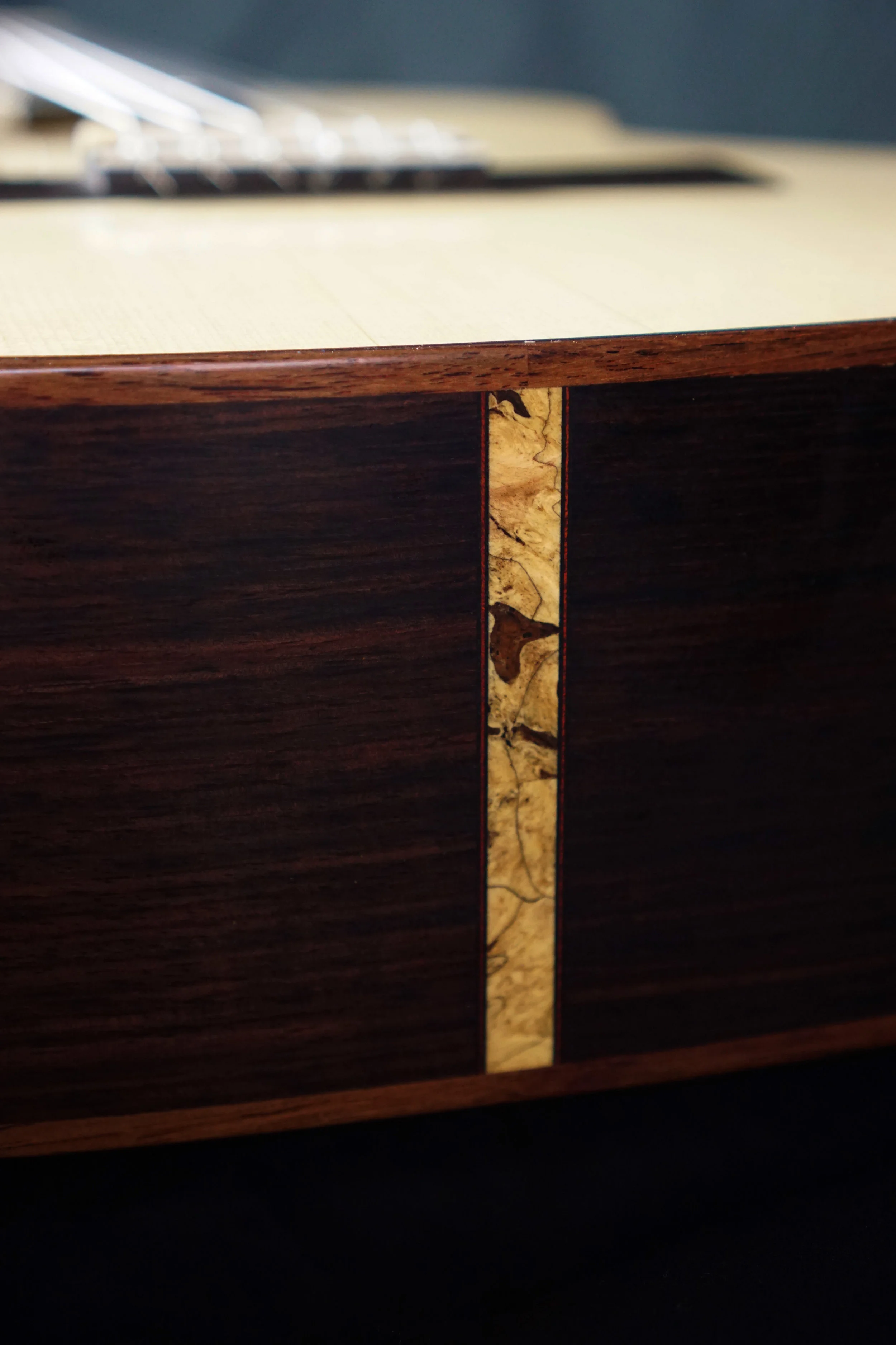Custom Spalted maple tail block inlay for a Spartan Style guitar