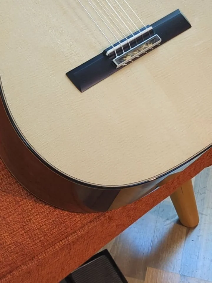 Quick fly by of a new guitar on a chair.  I actually finished in time  to take it with me for a quick trip overseas.  Engelmann spruce and Madagascar rosewood combo.  This is one I'd want to keep for myself.