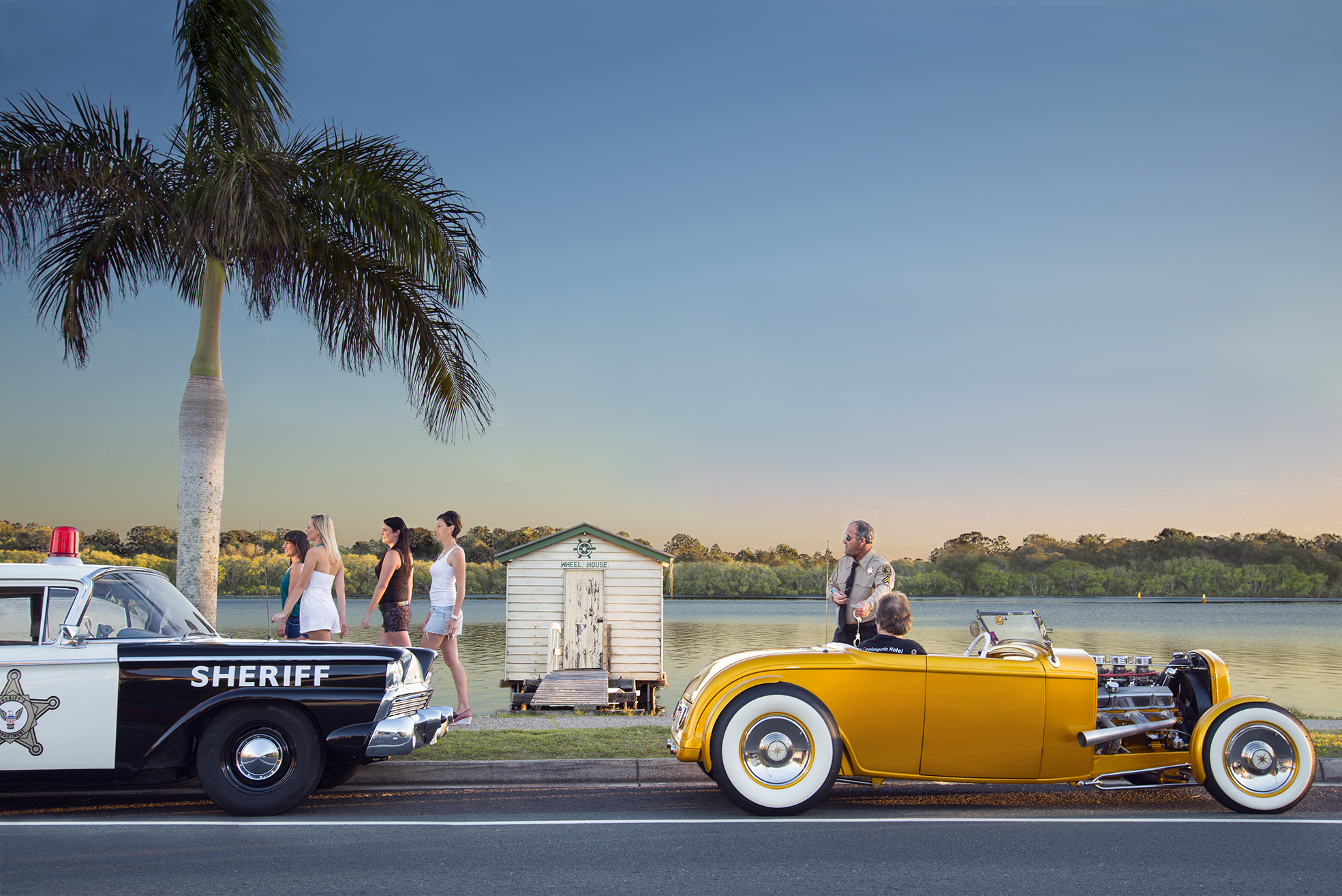 Calendar Cover Image: Sherif Phil's 1959 Ford Custom 300 and Paul's Channelled 1932 Ford Roadster. Models: Sarah, Lisa, Becky, Fiona, Phil and Paul.