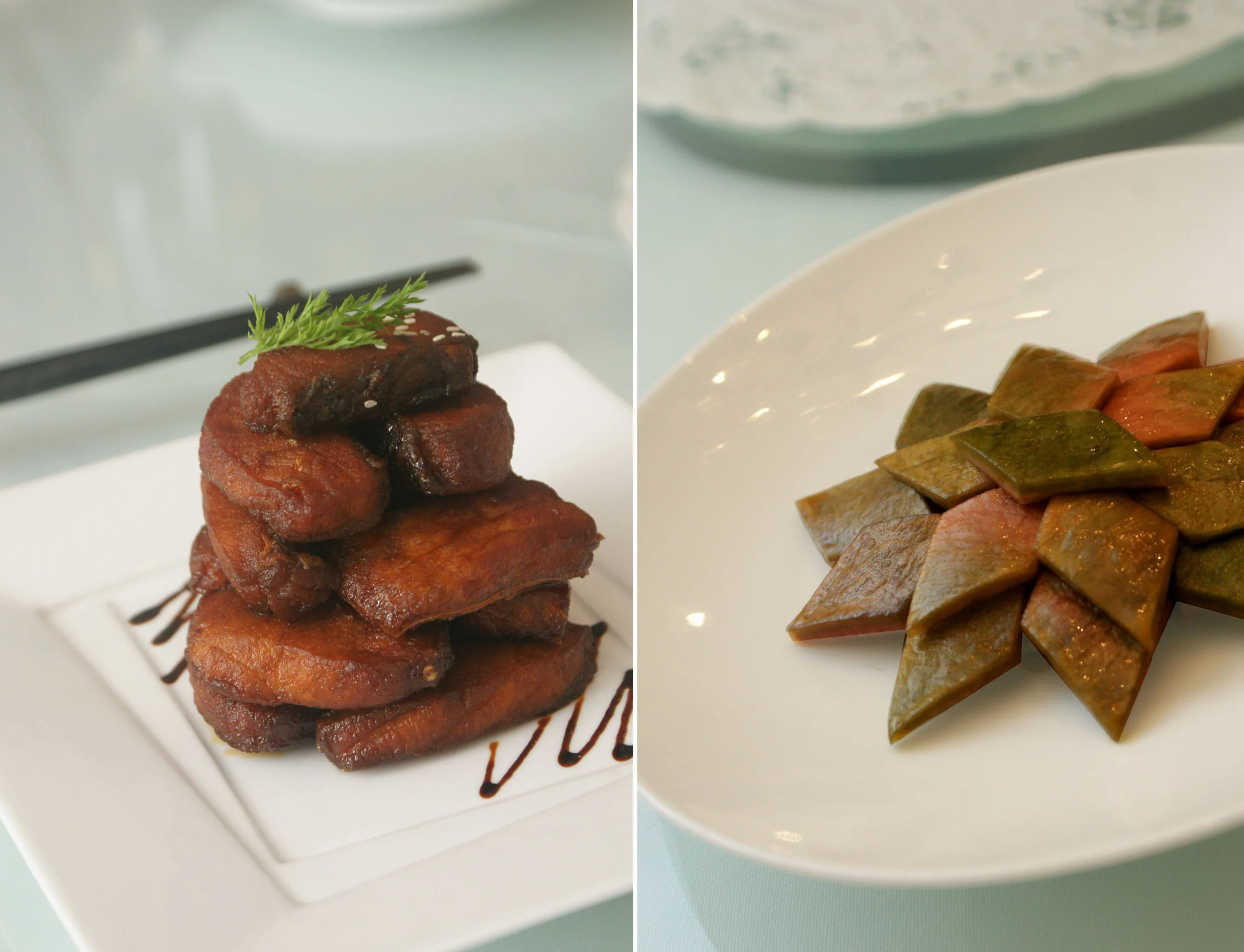 Lao Shang hai xun y - Shanghai "smoked" fish and Hua Jiao Luo Bo Pi- a crispy radish, marinated in a Szechuan-pepper sauce.