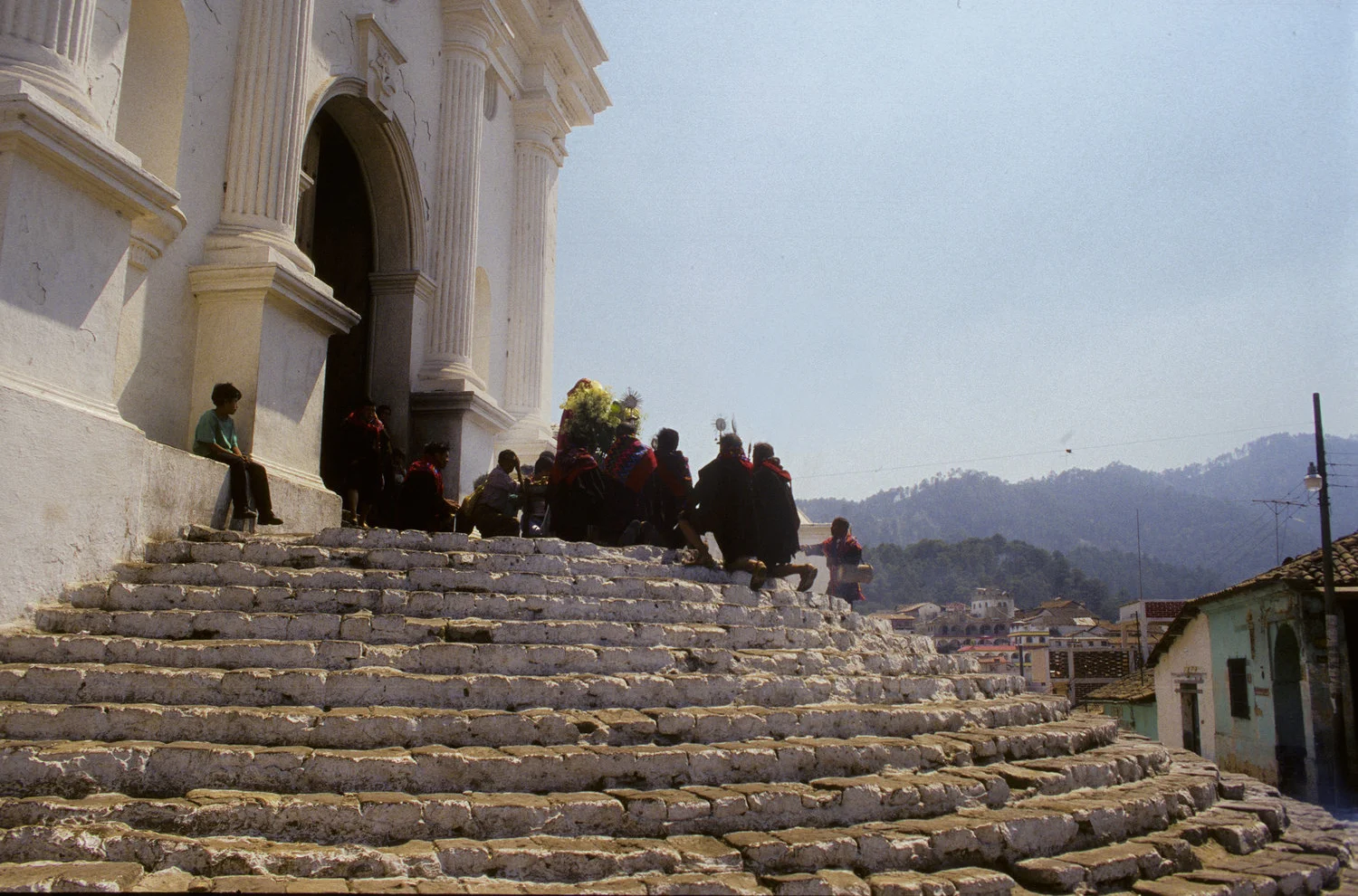 Guatemalan syncretism: The Santo Tomas (Saint Thomas) catholic church -one of the main attractions, was built atop of the platform of one of the Maya temples in the area, and the 18 steps -one for each month of the Maya calendar, are still venerated.