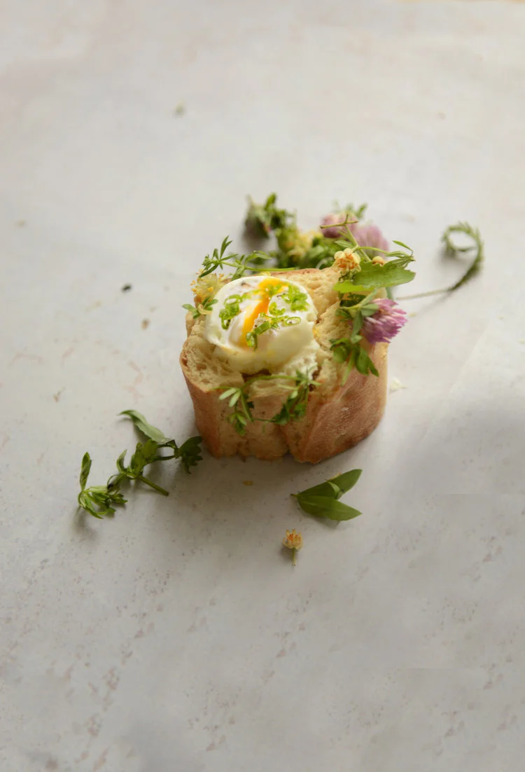Poached egg, wild herb salad, baguette.