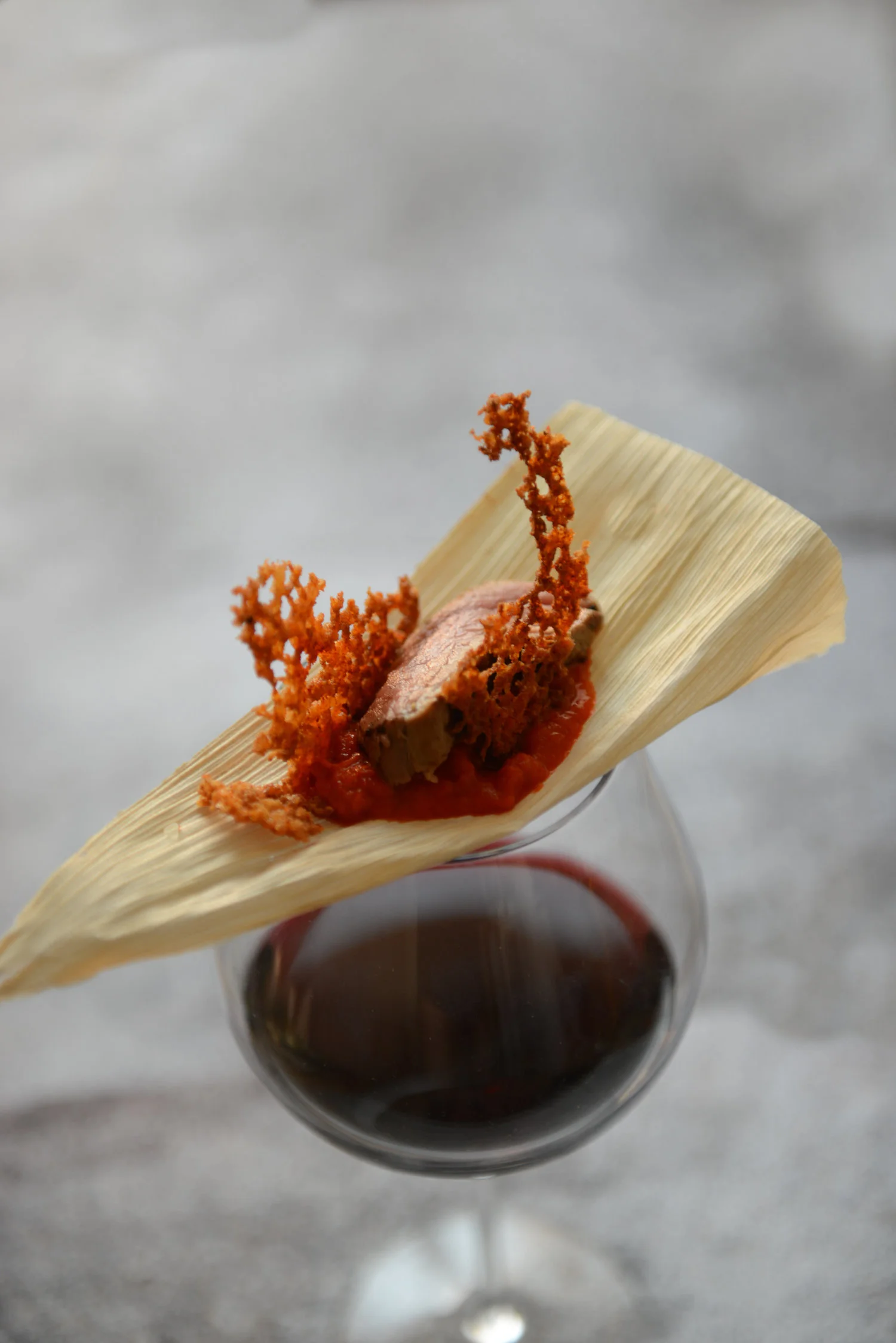 "Reisfleisch" Pork. Paprika, marjoram - fennel - rice - cracker and onion-pepper puree.