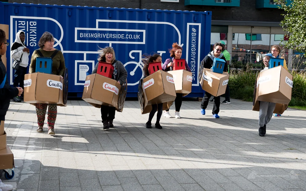 We Immersed ourselves in a giant pop-up cardboard world, Cardboardia Embassy inspired by the Thames and themes of water and was made by the community at participatory workshops throughout the week