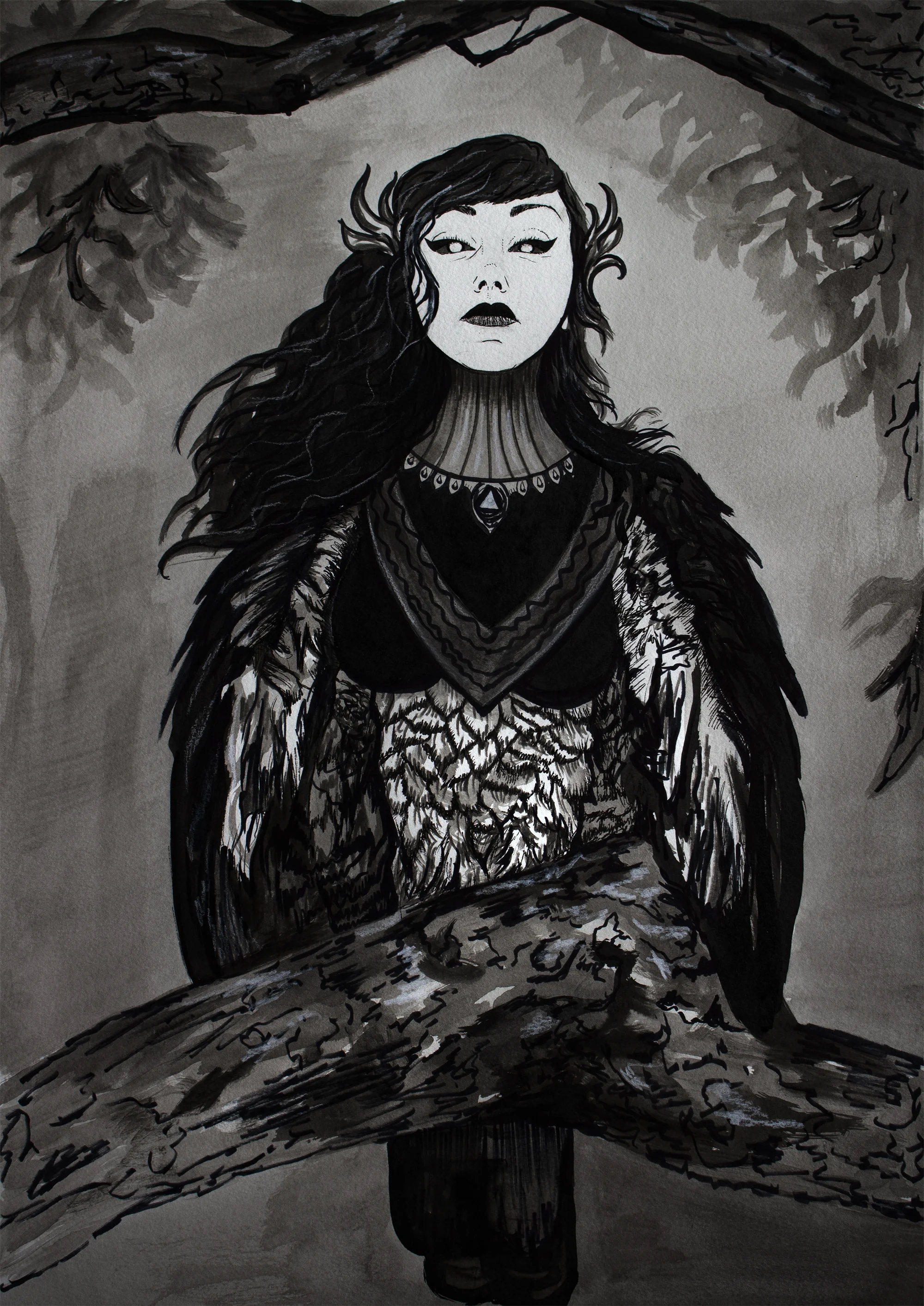 Harpy, 2019, India Ink on watercolor paper, 18x24”