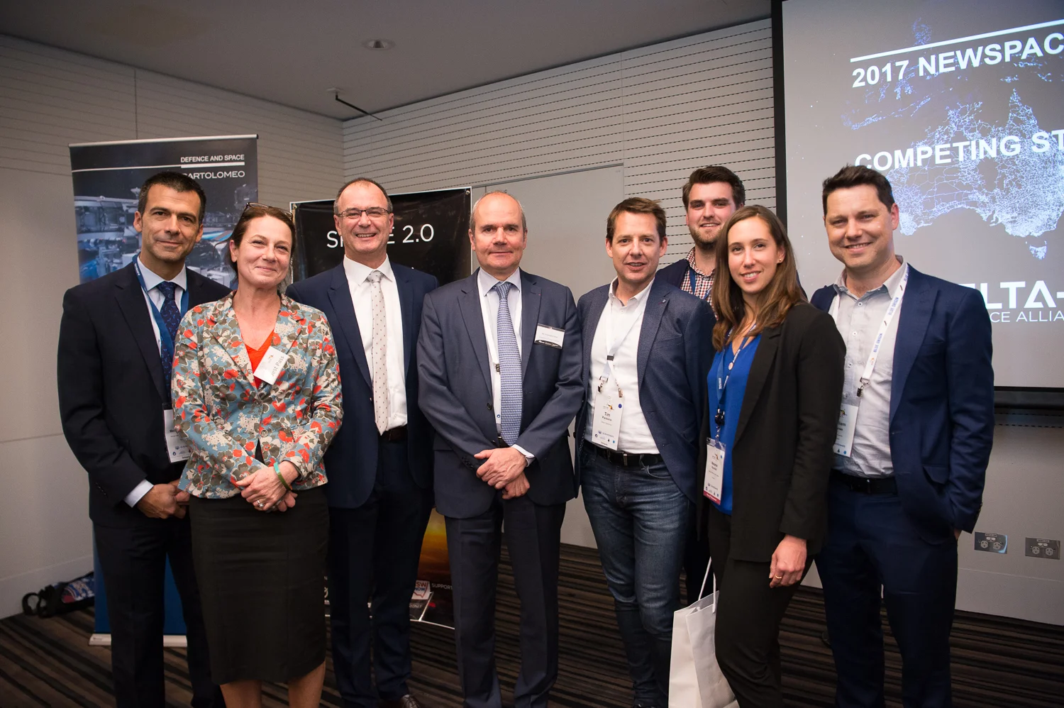 Organising team L-R: Valentin Merino Villeneuve (Head of Airbus D&S APac), Aude Vignelles (Delta-V volunteer), Tony Fraser (MD Airbus APac), His Excellency Mr Christophe Penot French Ambassador to Australia, Dr Tim Parsons (Delta-V volunteer & X-Lab Co-Founder & CEO), Jonah Williams (Airbus D&S), Mélanie Revellat (Airbus D&S), Will Crowe (Delta-V volunteer & HEO Robotics Co-Founder & CEO).