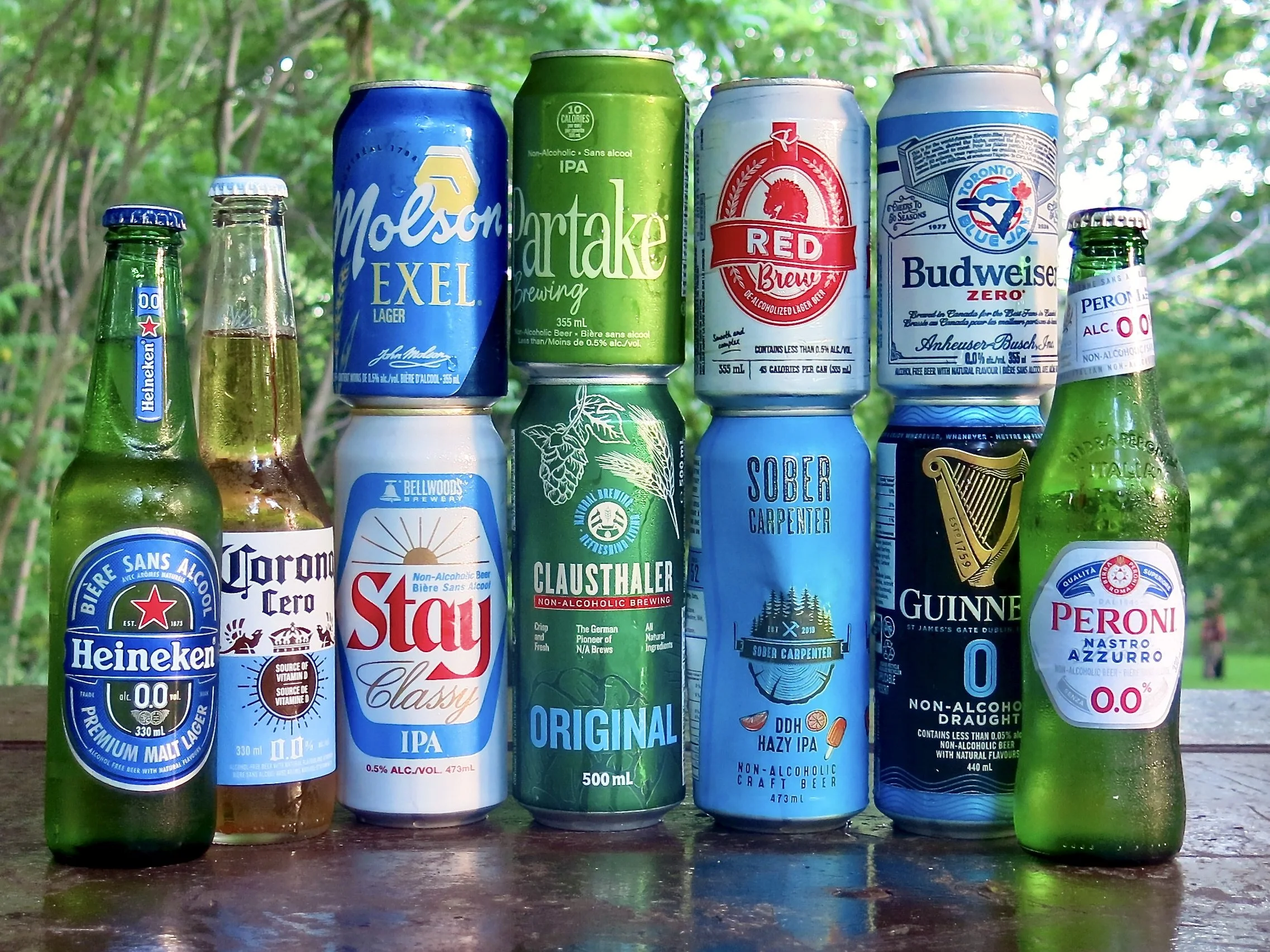 A assortment of canned and bottled non-alcoholic beer