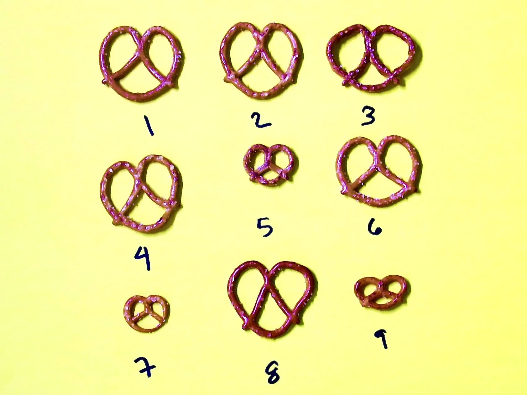 9 different pretzels presented in 3 rows of 3