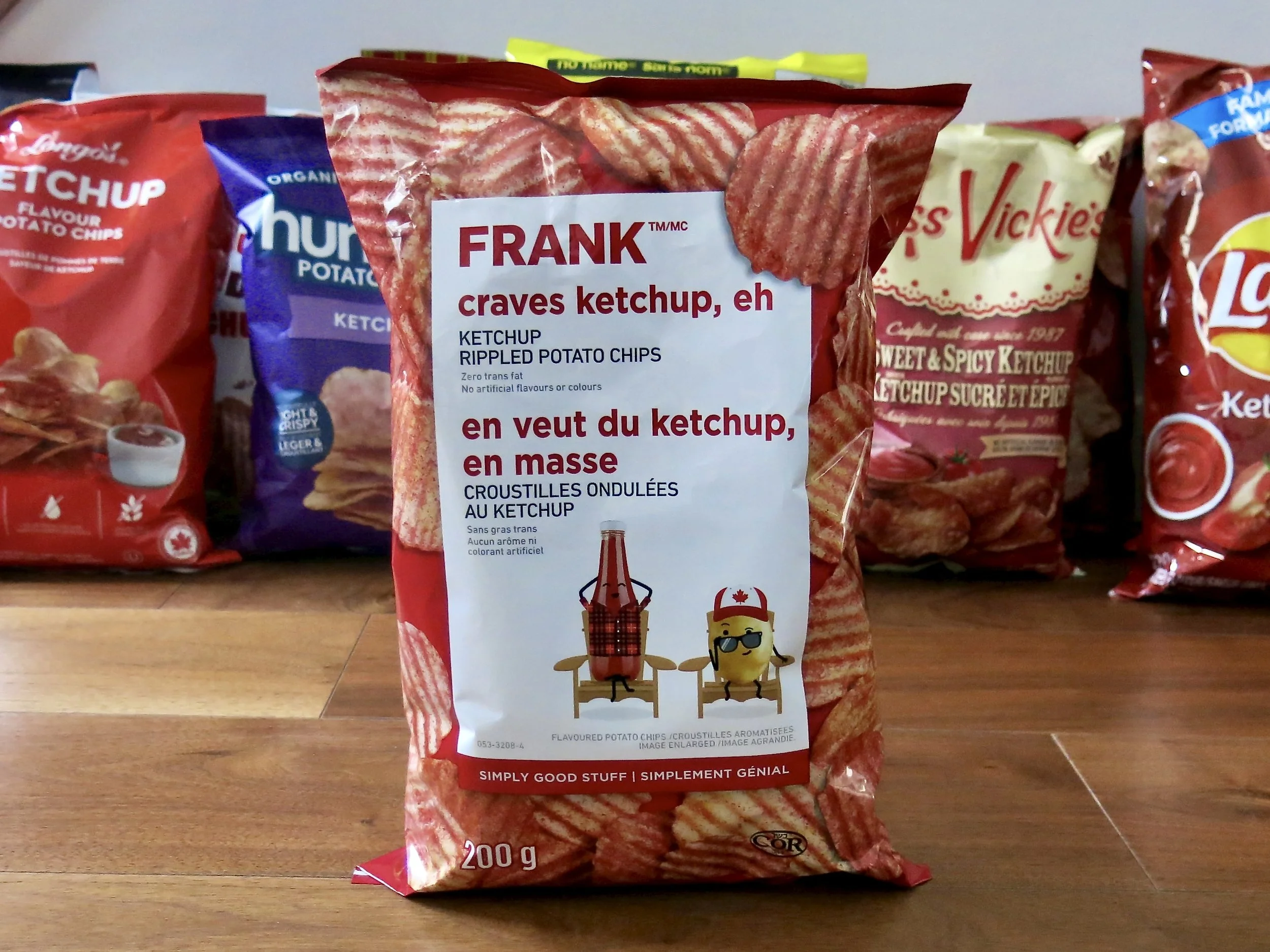 A bag of Frank Ketchup potato chips;