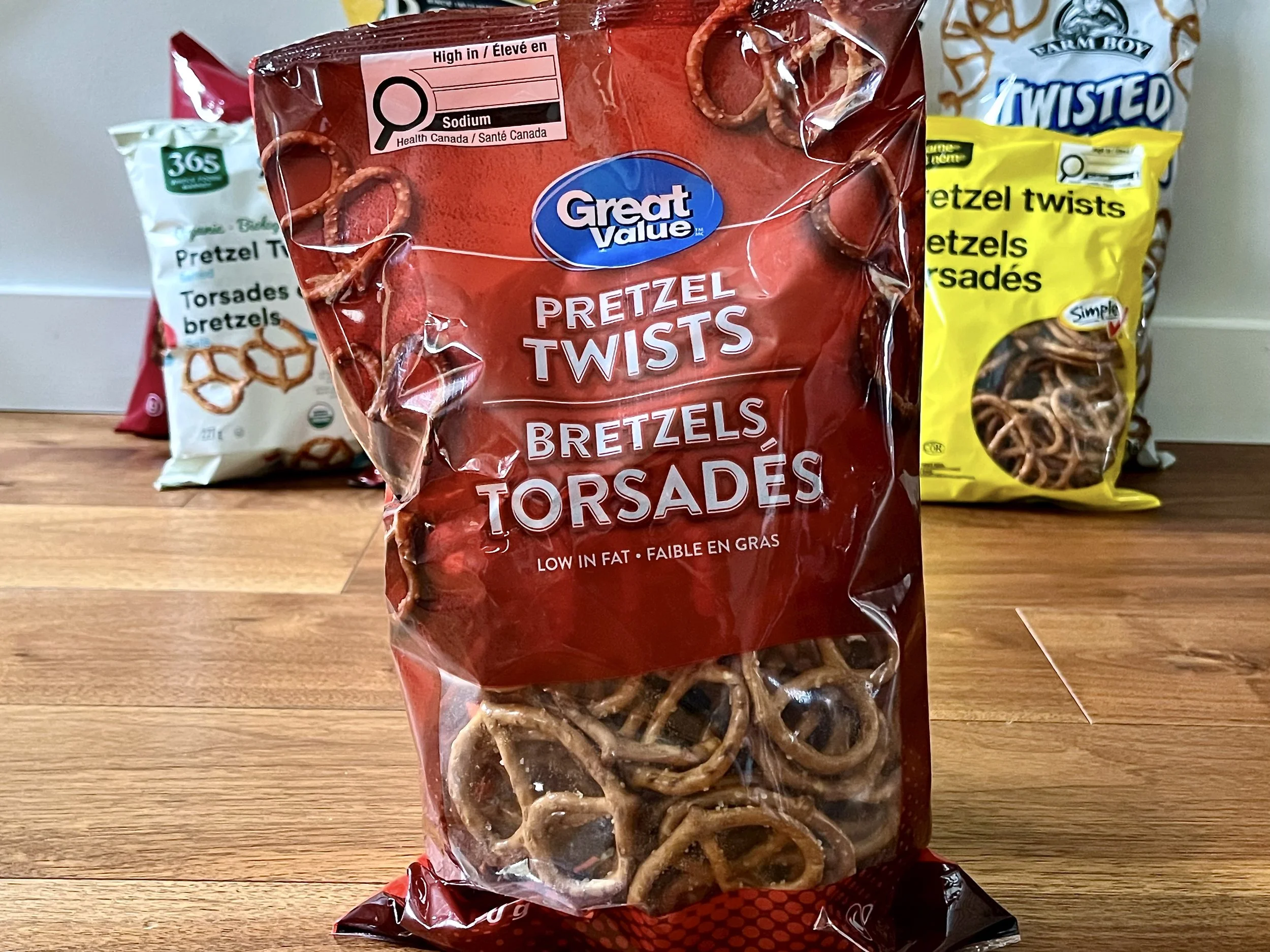 A bag of Great Value pretzel twists.