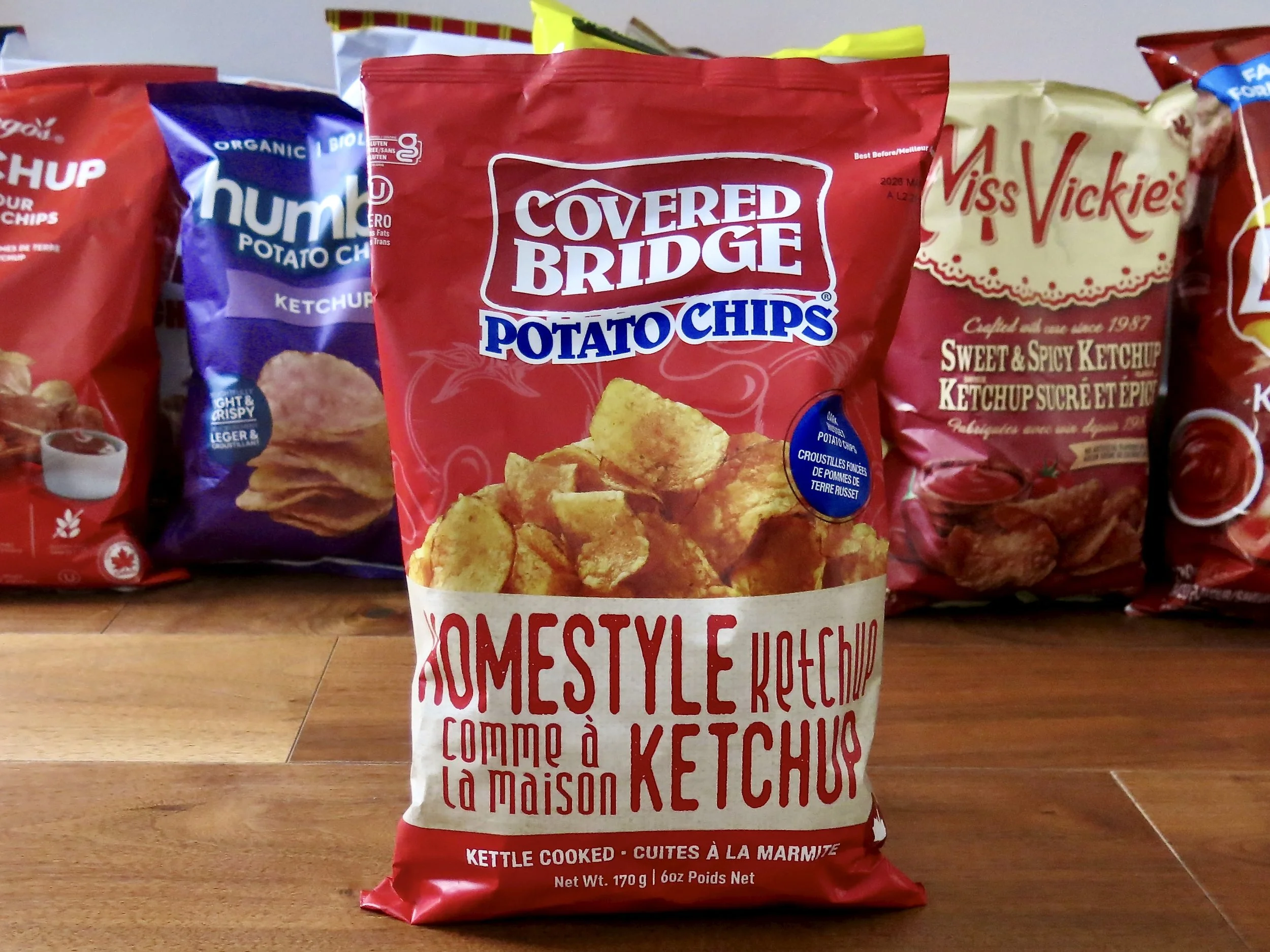 A bag of Covered Bridge Homestyle Ketchup Chips