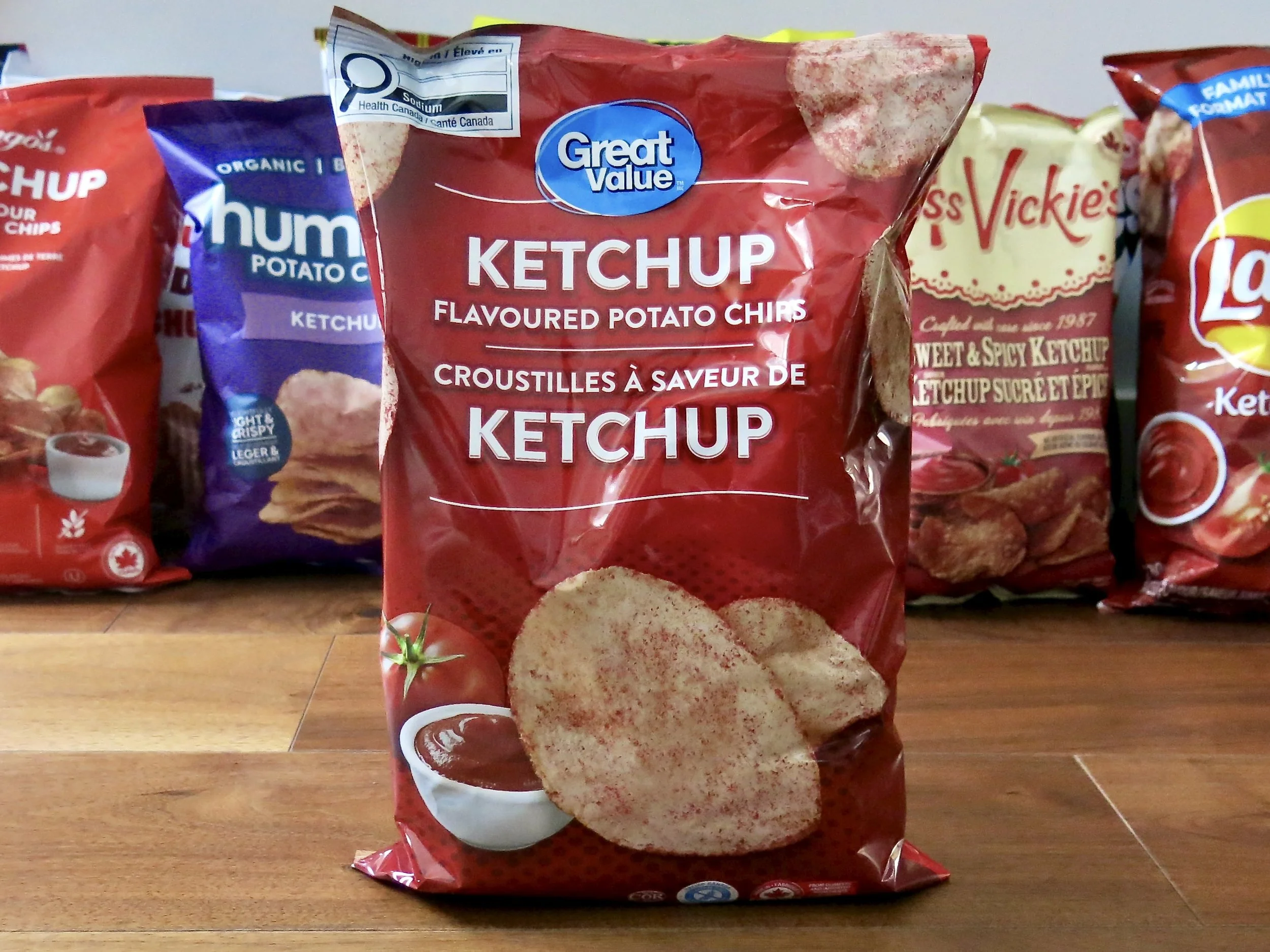 A bag of Great Value ketchup potato chips