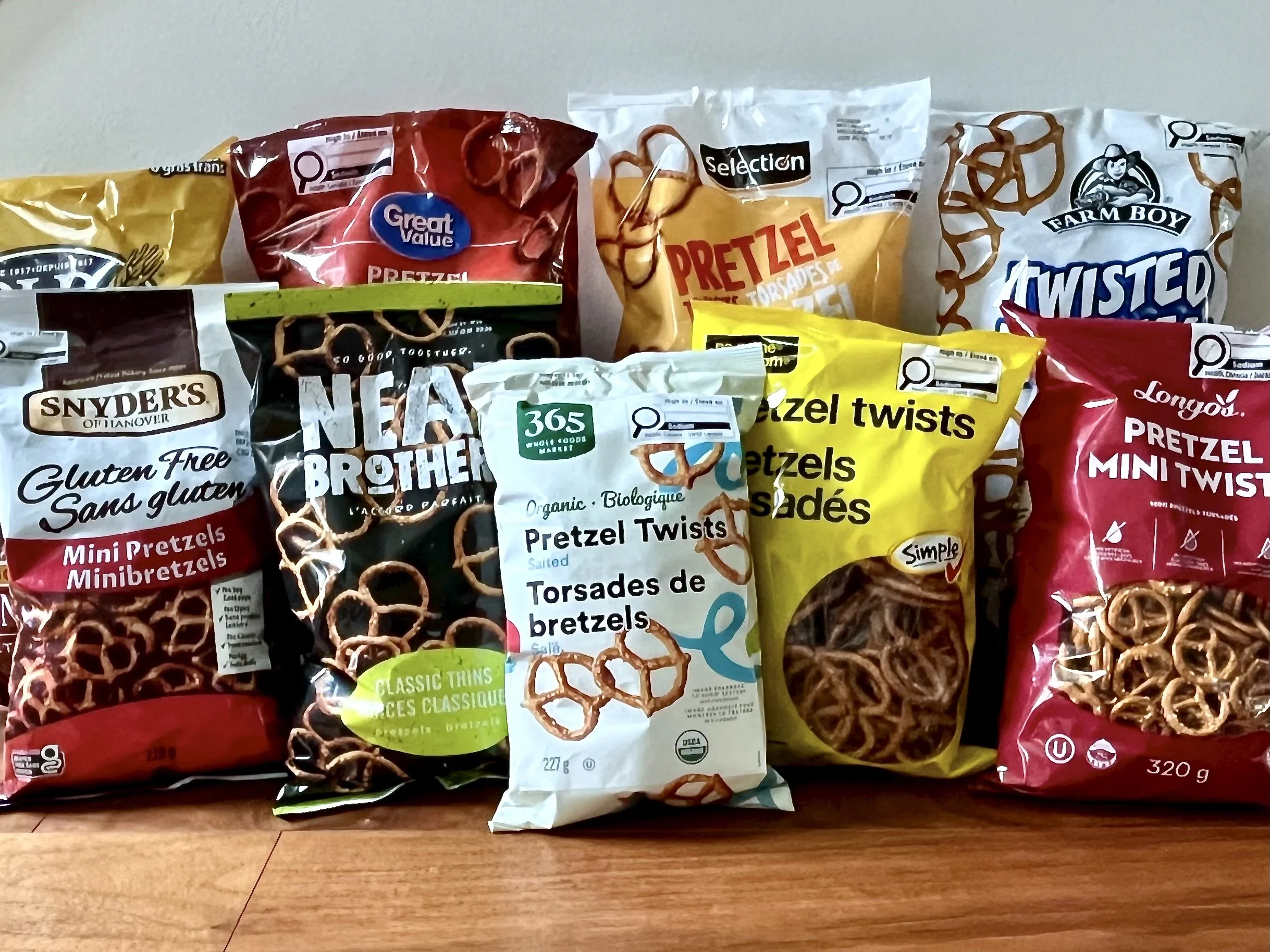 An assortment of different pretzel brands.