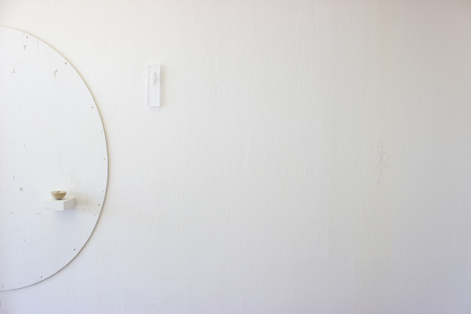   Custom Built-In   2015  Installation view (Untitled (concrete shell, half sphere),&nbsp;Untitled (drilled plexi), and Untitled (latex peel)&nbsp;shown left to right) 