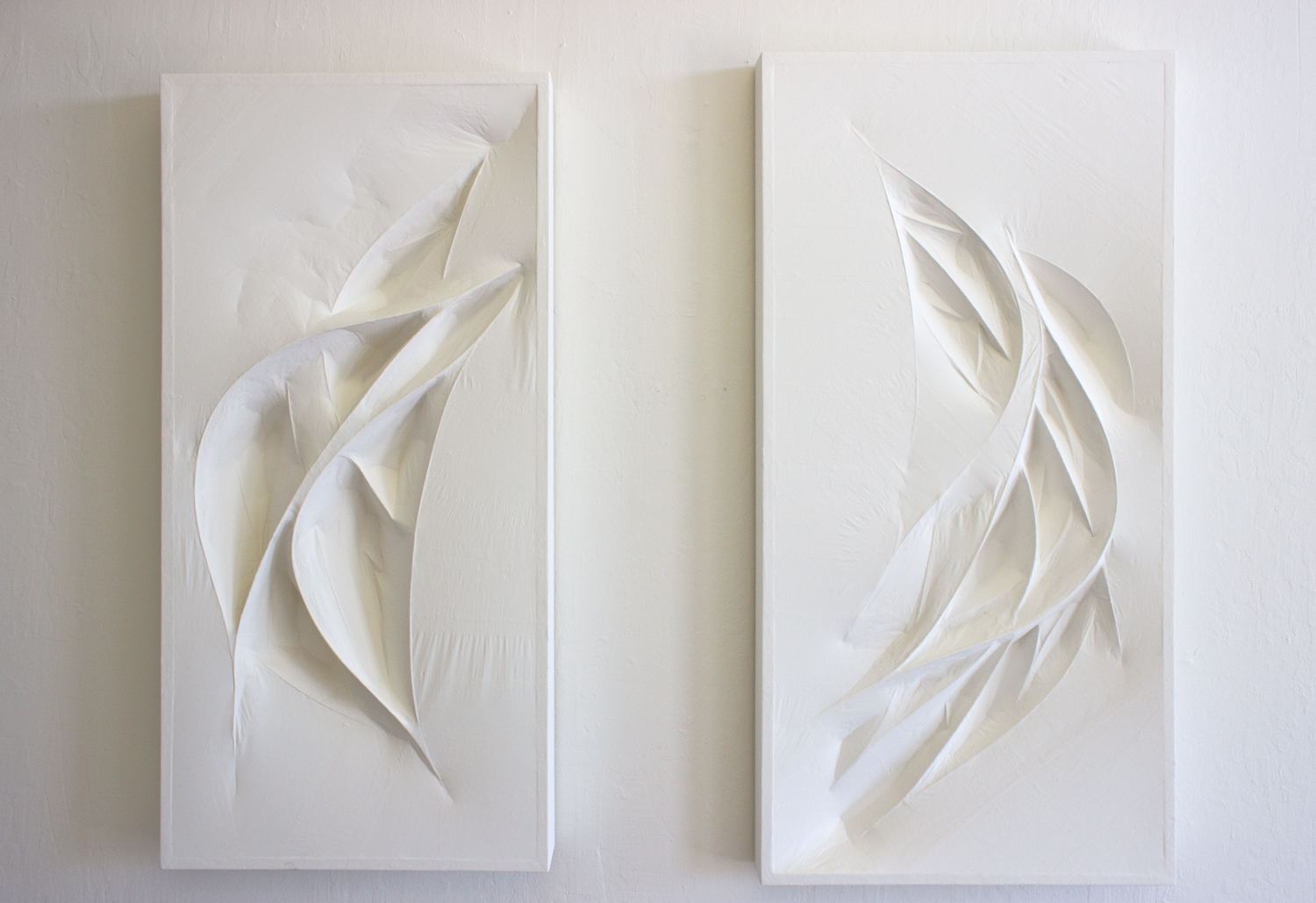  Untitled 1 &amp; 2 (white forms)  2015  Wood panel, wood forms, and paper mache (white tracing paper with gallery white paint)  45 x 23.5 x 4 inches,&nbsp;47.5 x 23.5 x 3 inches 