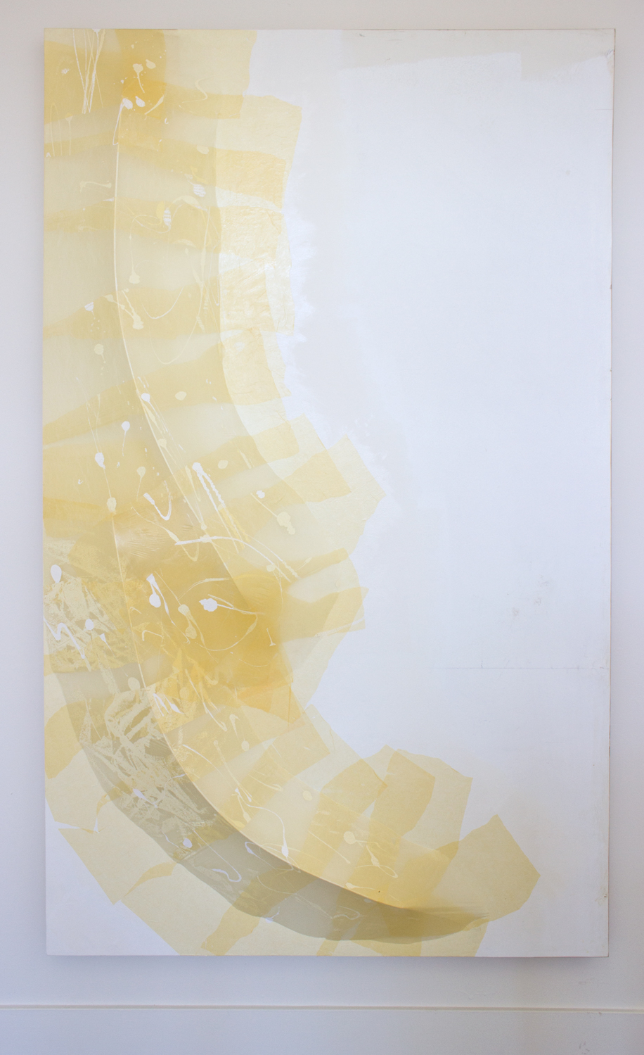  Untitled (printed yellow mache)  2015  Reused wood panel,&nbsp;yellow tracing paper, sealant, gallery white paint, and MDF  77 x 47.5 x 6 inches 