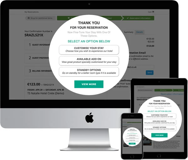 The upgrade2 new conversion page screens. This is what your customers will see when they are invited to customise their stay with you.