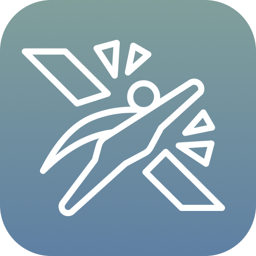 A stylized line drawing of a person jumping or dancing with abstract geometric shapes around them.