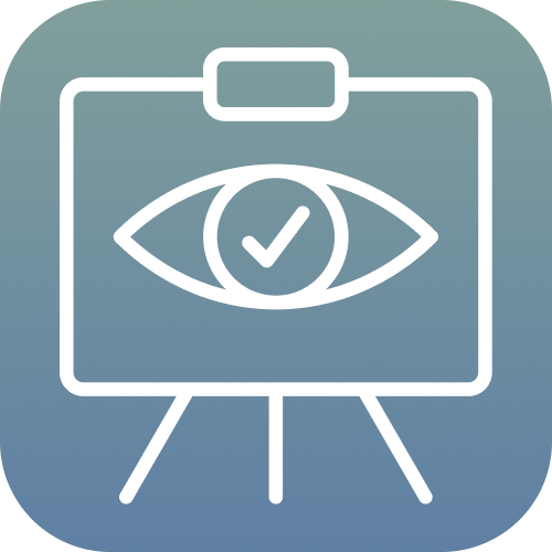 Icon of an eye with a checkmark inside, displayed on a presentation board with legs.