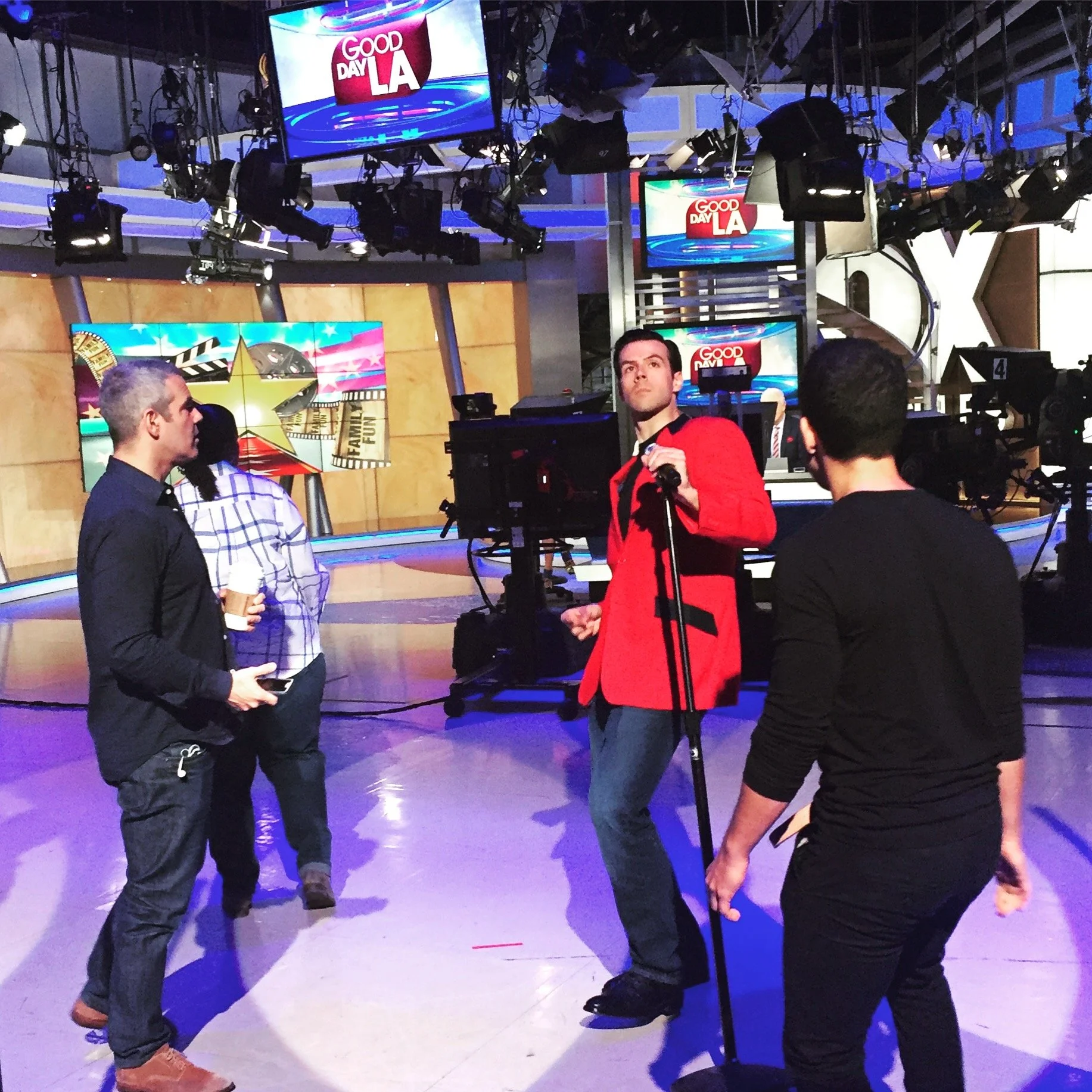 Andy Cohen sneakin' a peak on the set of Good Morning LA. - Jersey Boys, National Tour
