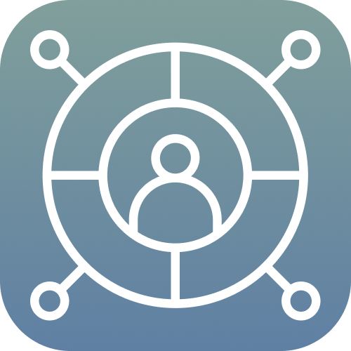 Outline icon of a person inside a circle connected by four lines to four smaller circles with circles at the end, representing network or connection.